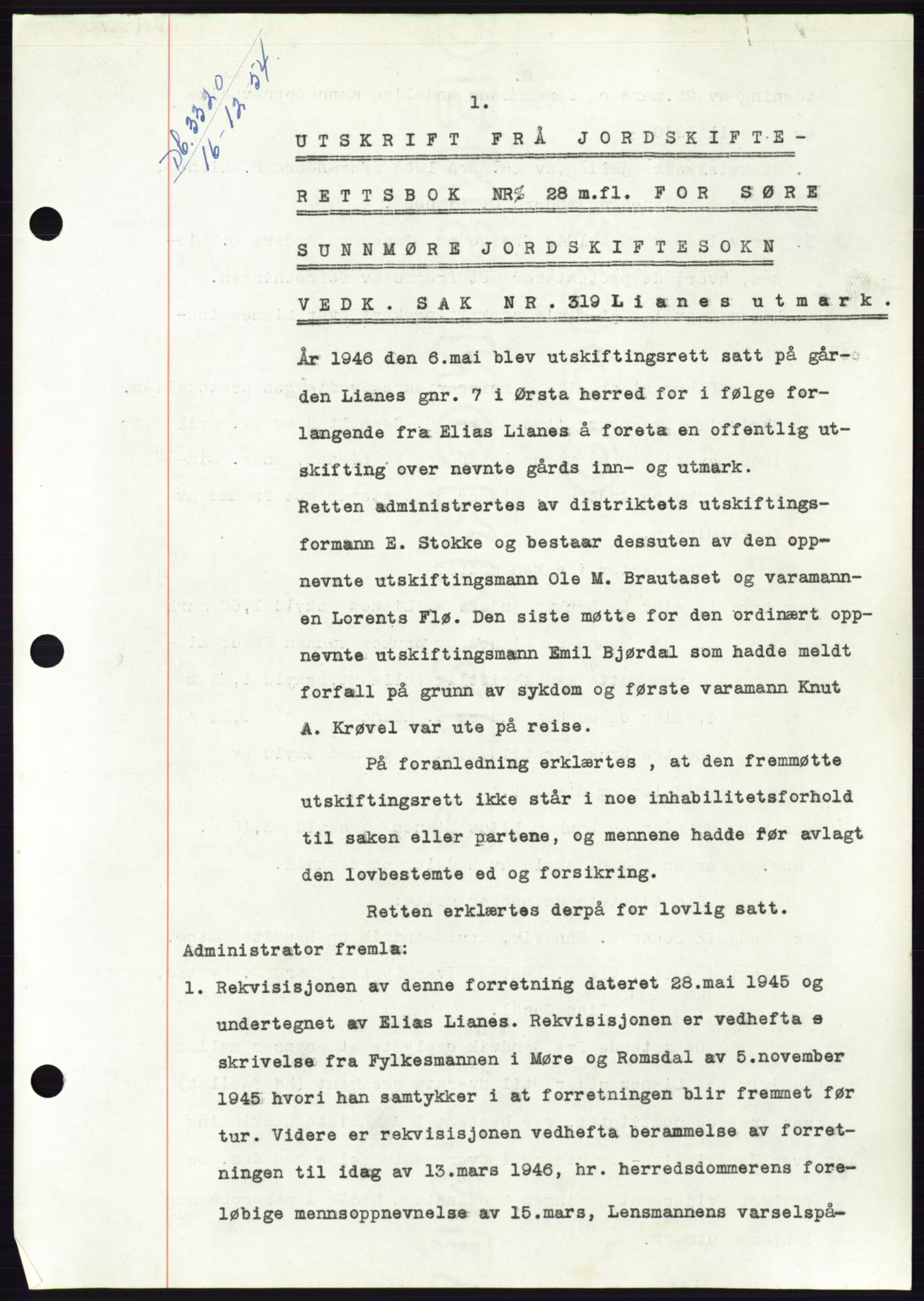 Søre Sunnmøre sorenskriveri, AV/SAT-A-4122/1/2/2C/L0099: Mortgage book no. 25A, 1954-1954, Diary no: : 3320/1954