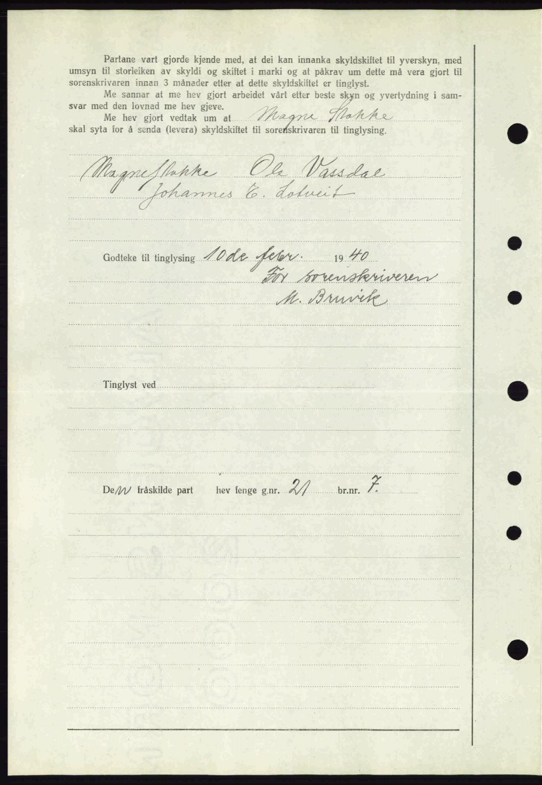 Nordhordland sorenskrivar, SAB/A-2901/1/G/Gb/Gbf/L0010: Mortgage book no. A10, 1939-1940, Diary no: : 329/1940