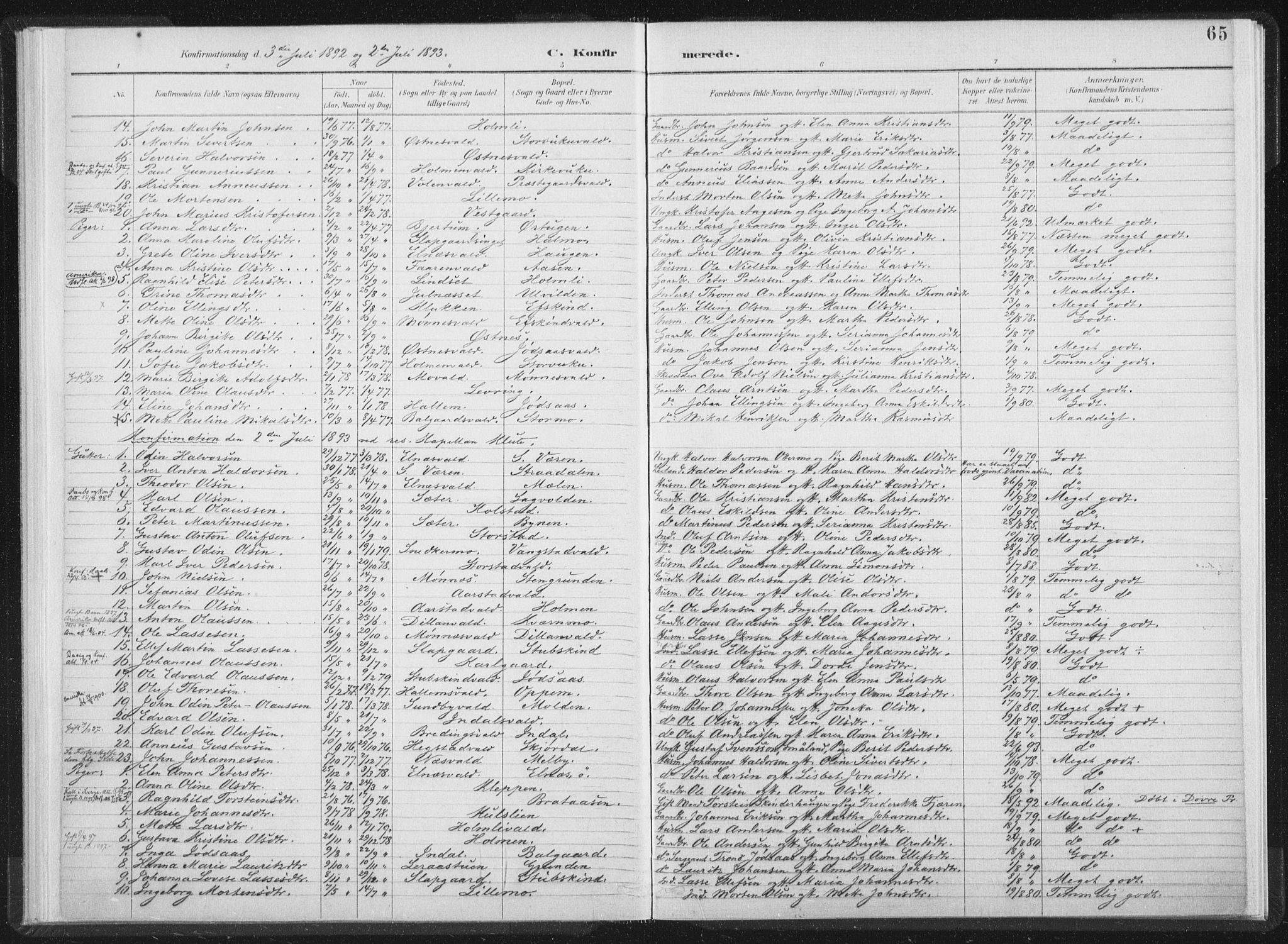 Ministerialprotokoller, klokkerbøker og fødselsregistre - Nord-Trøndelag, SAT/A-1458/724/L0263: Parish register (official) no. 724A01, 1891-1907, p. 65