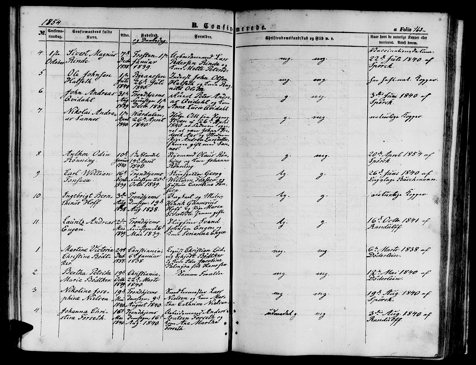 Ministerialprotokoller, klokkerbøker og fødselsregistre - Sør-Trøndelag, SAT/A-1456/602/L0138: Parish register (copy) no. 602C06, 1853-1858, p. 163