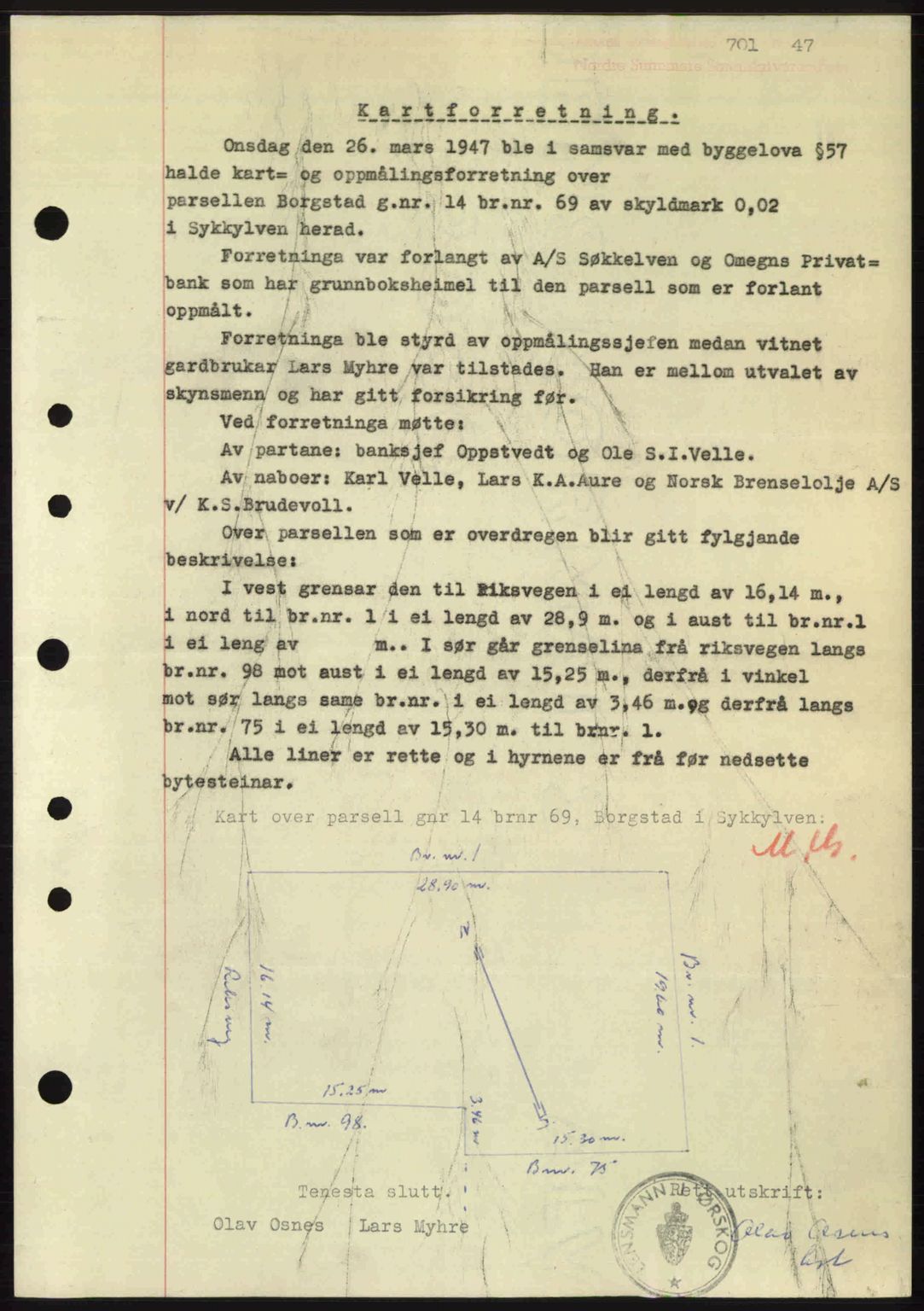 Nordre Sunnmøre sorenskriveri, AV/SAT-A-0006/1/2/2C/2Ca: Mortgage book no. A24, 1947-1947, Diary no: : 701/1947