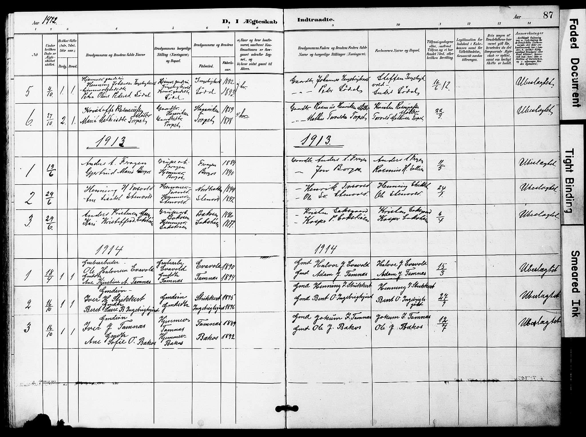 Ministerialprotokoller, klokkerbøker og fødselsregistre - Sør-Trøndelag, SAT/A-1456/683/L0950: Parish register (copy) no. 683C02, 1897-1918, p. 87
