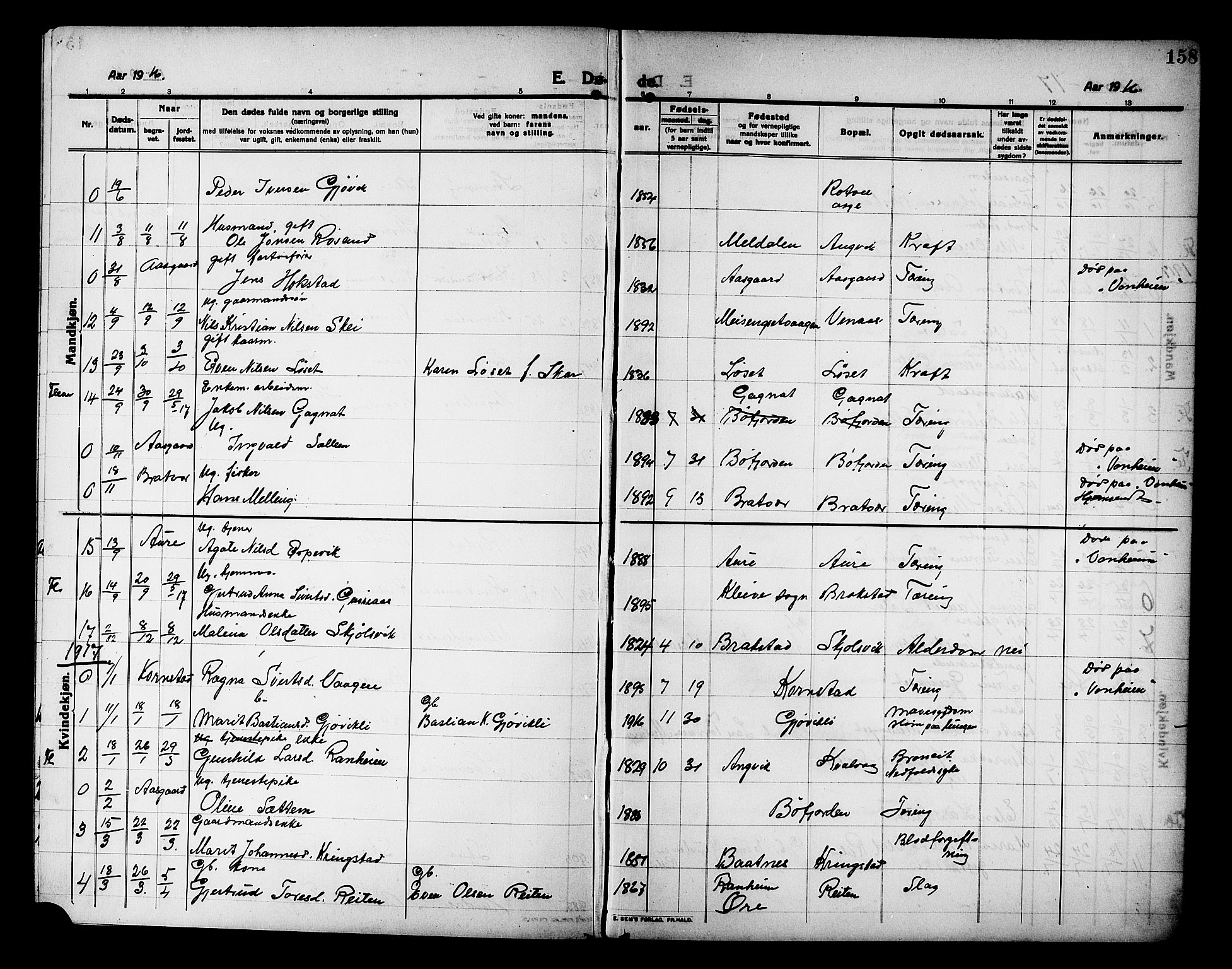 Ministerialprotokoller, klokkerbøker og fødselsregistre - Møre og Romsdal, AV/SAT-A-1454/586/L0993: Parish register (copy) no. 586C04, 1910-1918, p. 158