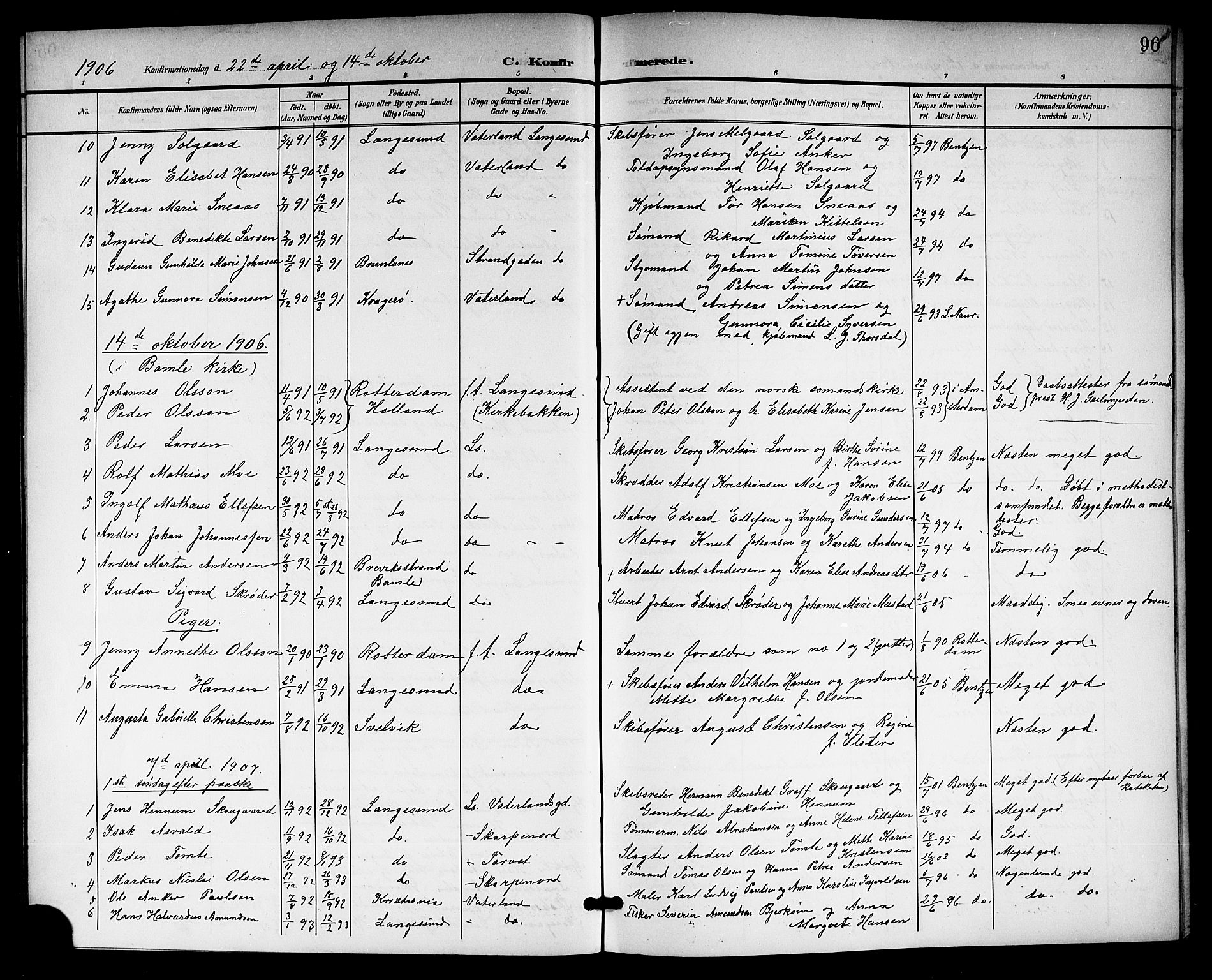 Langesund kirkebøker, SAKO/A-280/G/Ga/L0006: Parish register (copy) no. 6, 1899-1918, p. 96