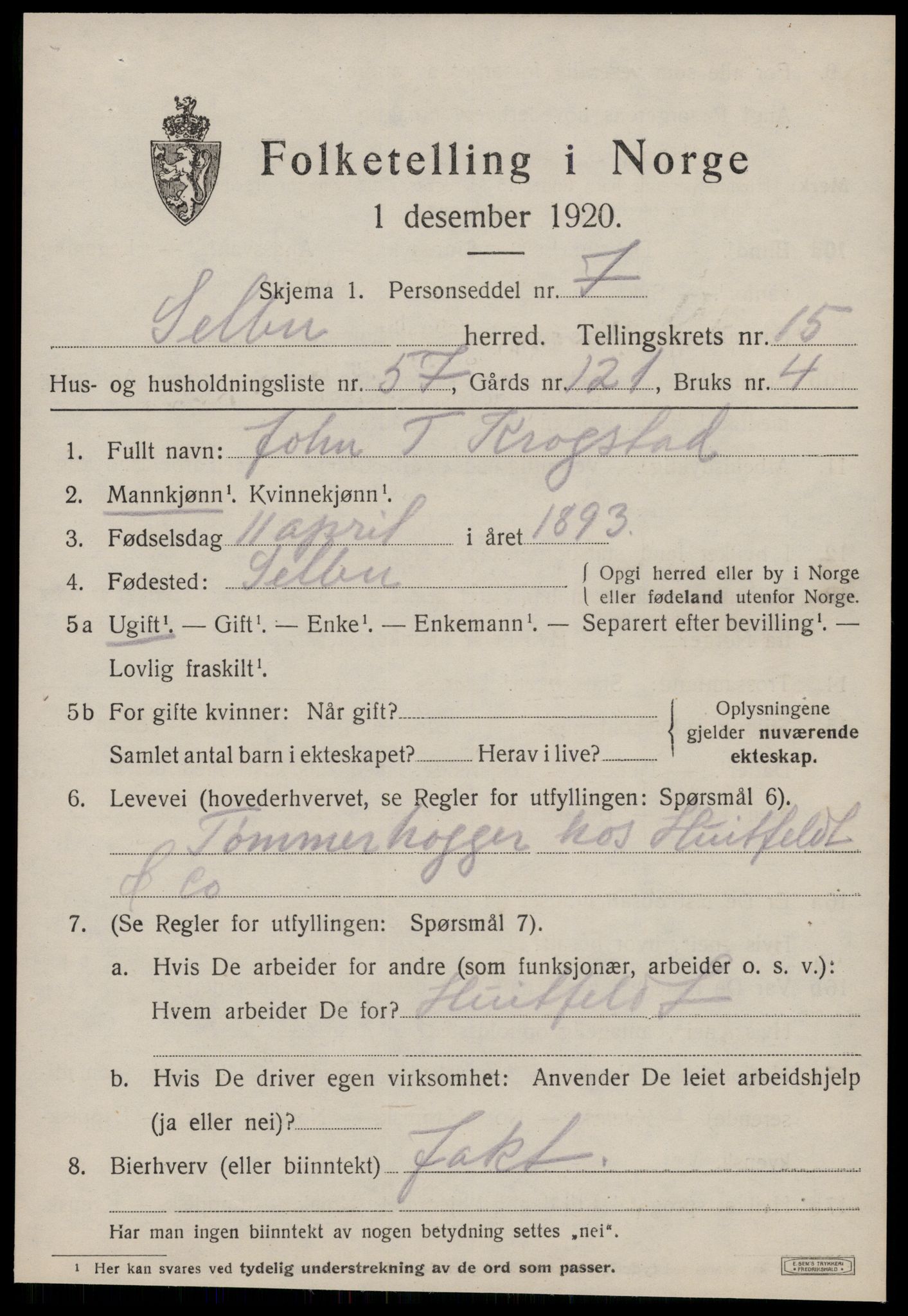 SAT, 1920 census for Selbu, 1920, p. 8490