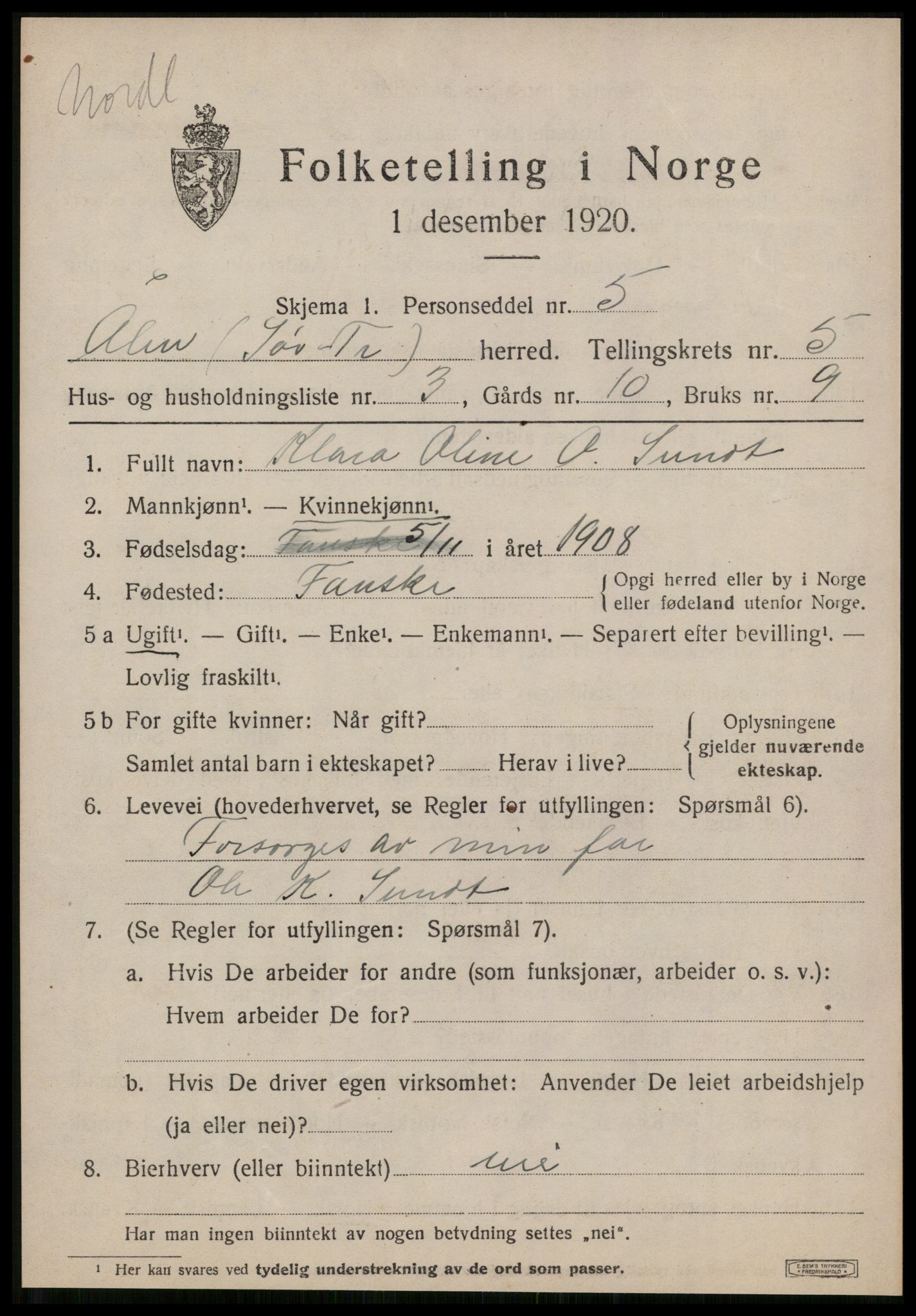 SAT, 1920 census for Ålen, 1920, p. 2362