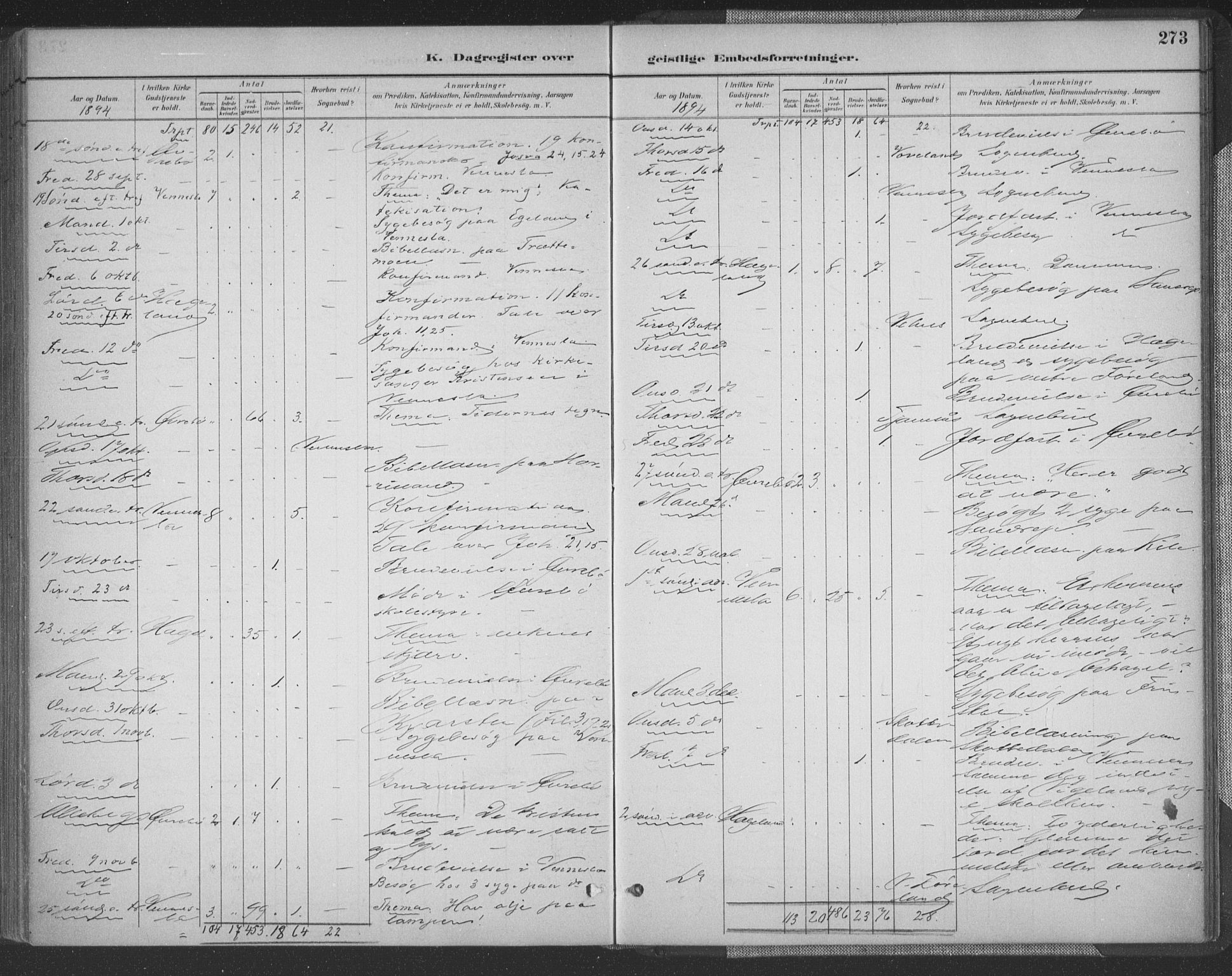 Vennesla sokneprestkontor, SAK/1111-0045/Fa/Fac/L0009: Parish register (official) no. A 9, 1884-1901, p. 273