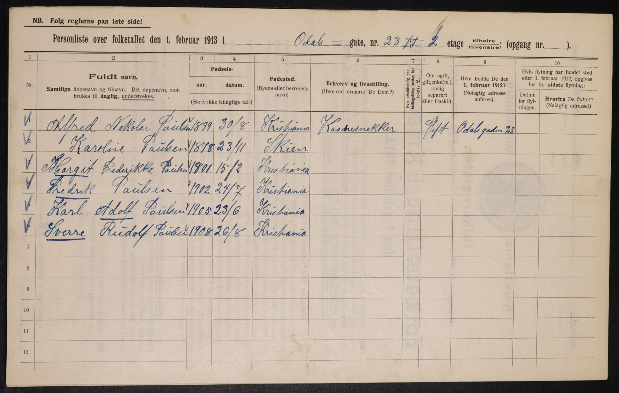 OBA, Municipal Census 1913 for Kristiania, 1913, p. 74558