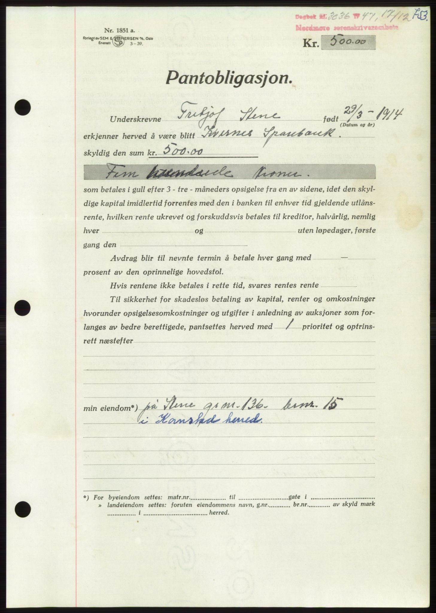 Nordmøre sorenskriveri, AV/SAT-A-4132/1/2/2Ca: Mortgage book no. B97, 1947-1948, Diary no: : 3036/1947