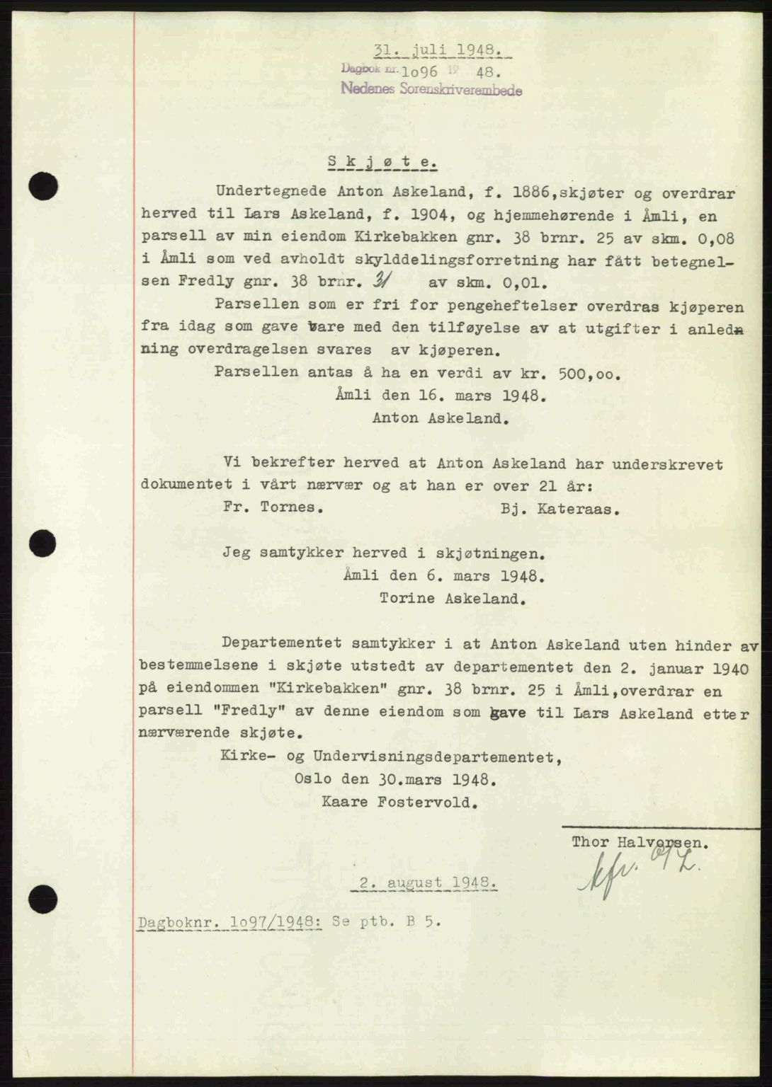 Nedenes sorenskriveri, AV/SAK-1221-0006/G/Gb/Gba/L0059: Mortgage book no. A11, 1948-1948, Diary no: : 1096/1948