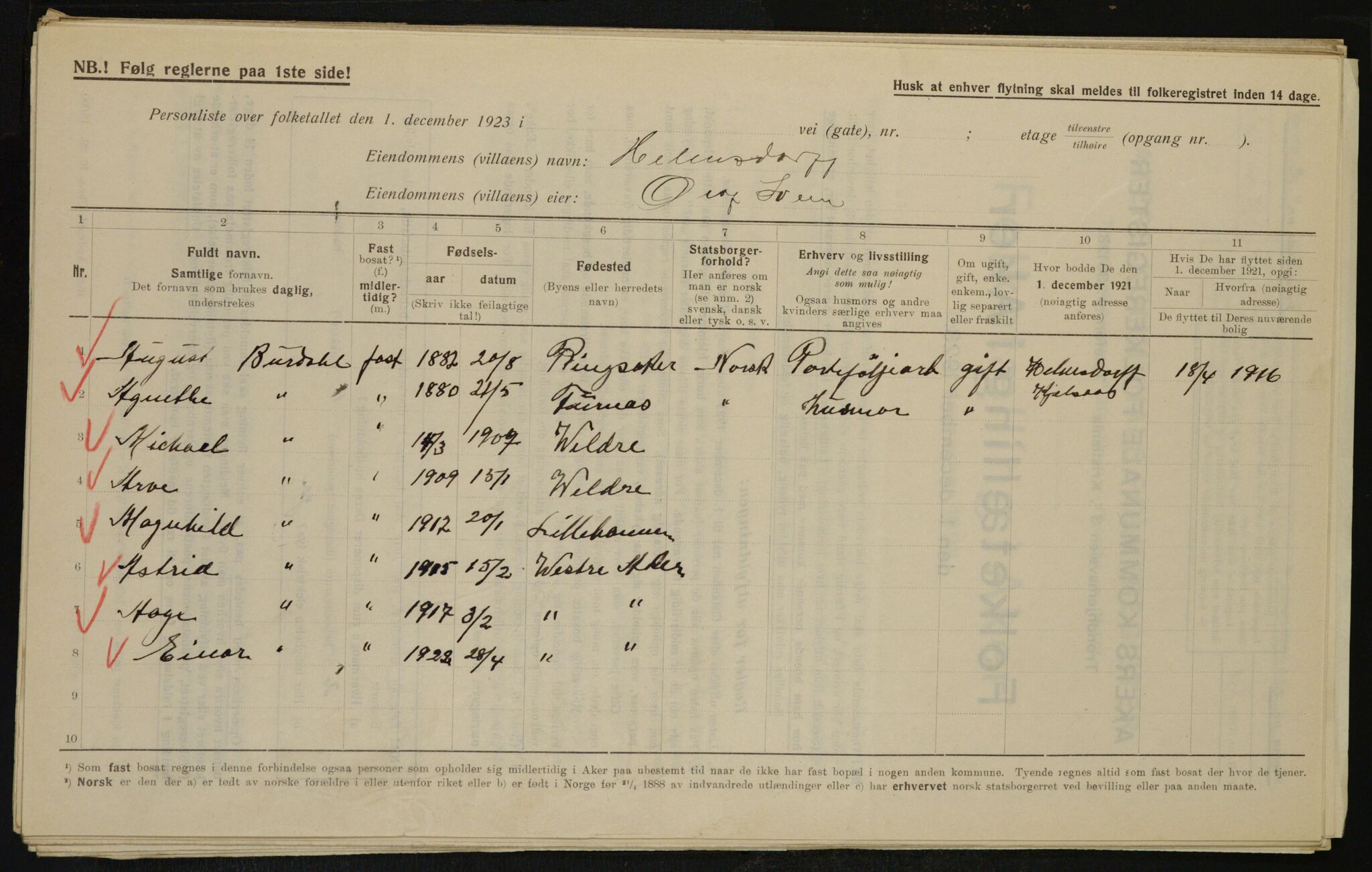 , Municipal Census 1923 for Aker, 1923, p. 11875