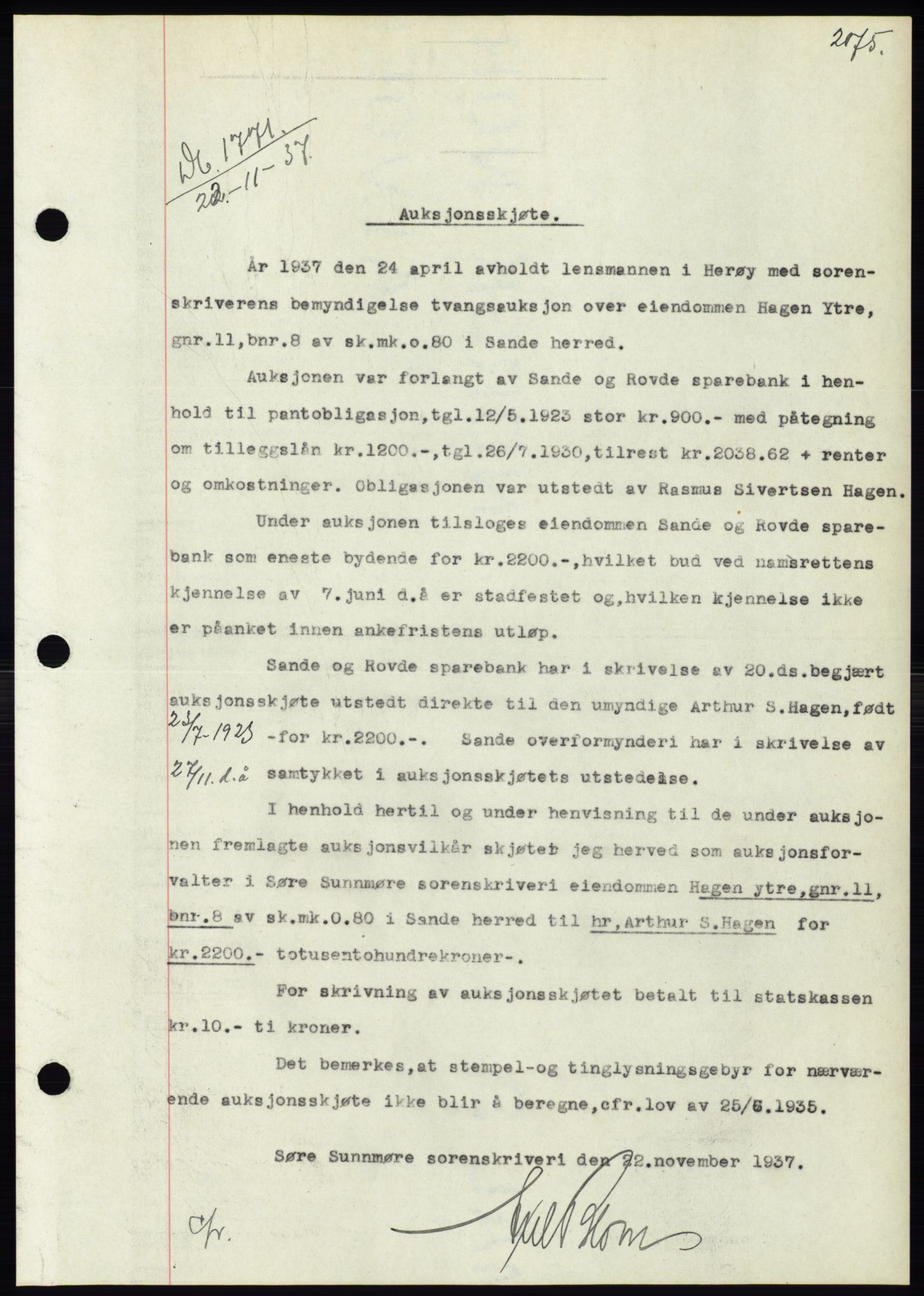 Søre Sunnmøre sorenskriveri, AV/SAT-A-4122/1/2/2C/L0064: Mortgage book no. 58, 1937-1938, Diary no: : 1771/1937