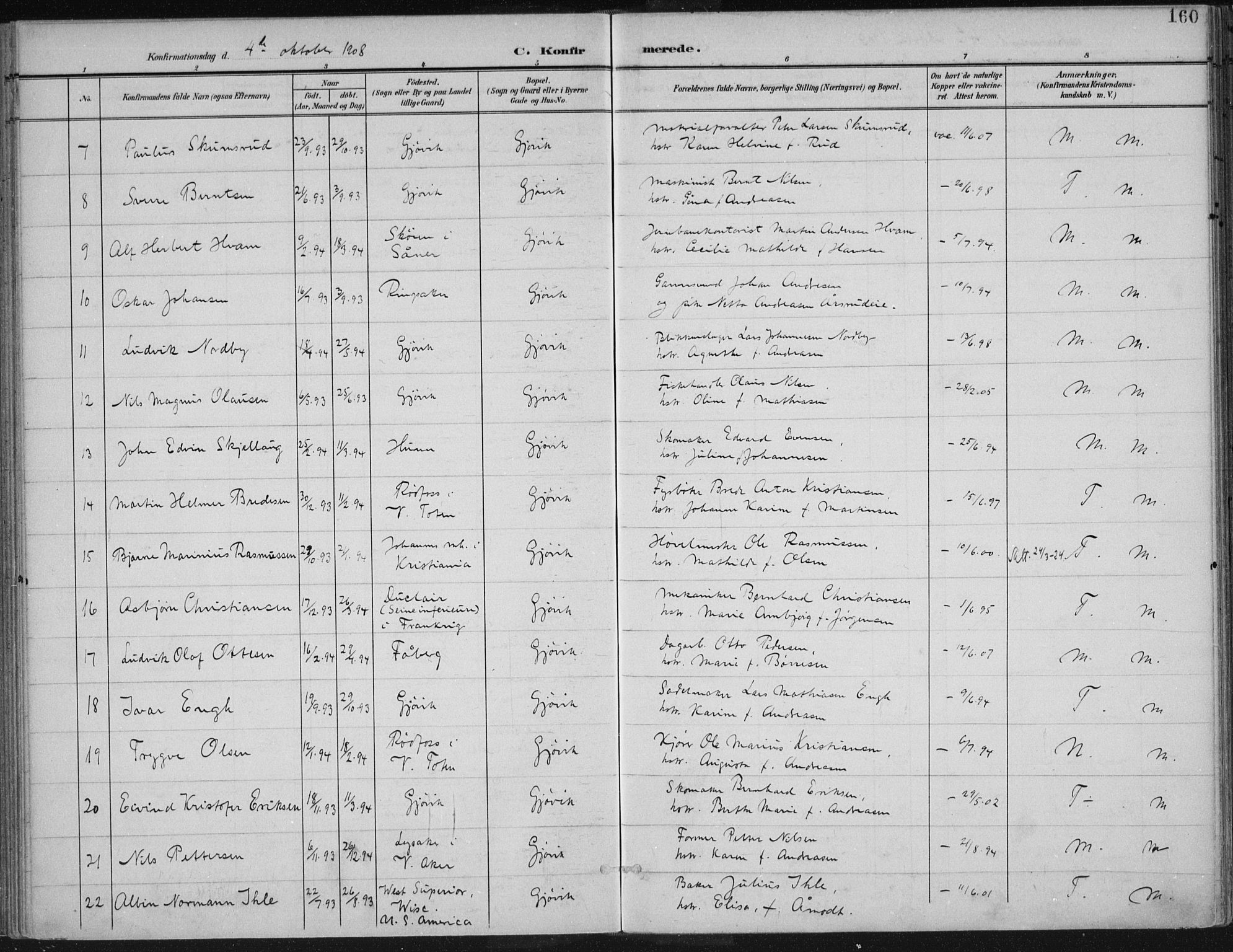 Vardal prestekontor, SAH/PREST-100/H/Ha/Haa/L0013: Parish register (official) no. 13, 1901-1911, p. 160