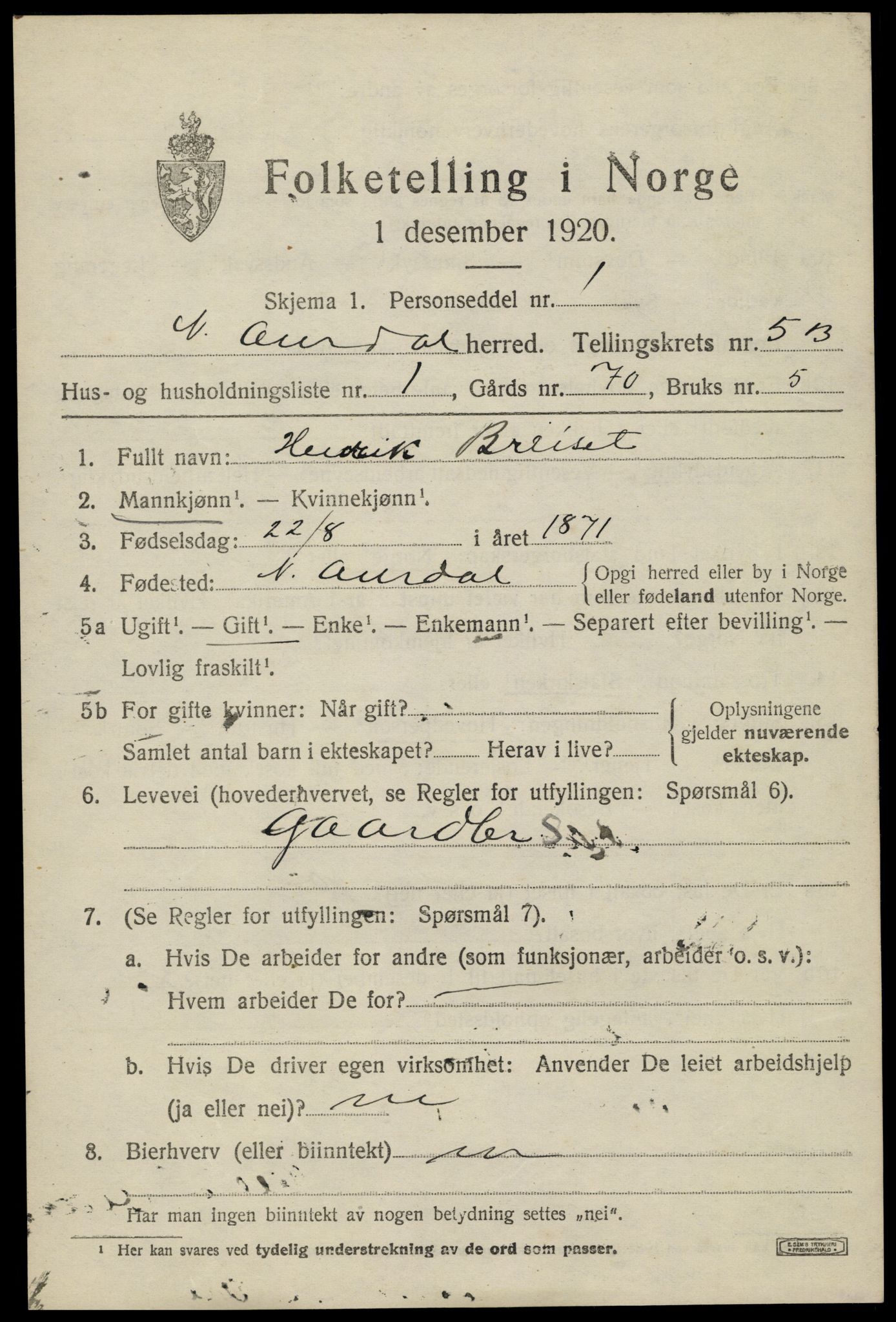 SAH, 1920 census for Nord-Aurdal, 1920, p. 5112