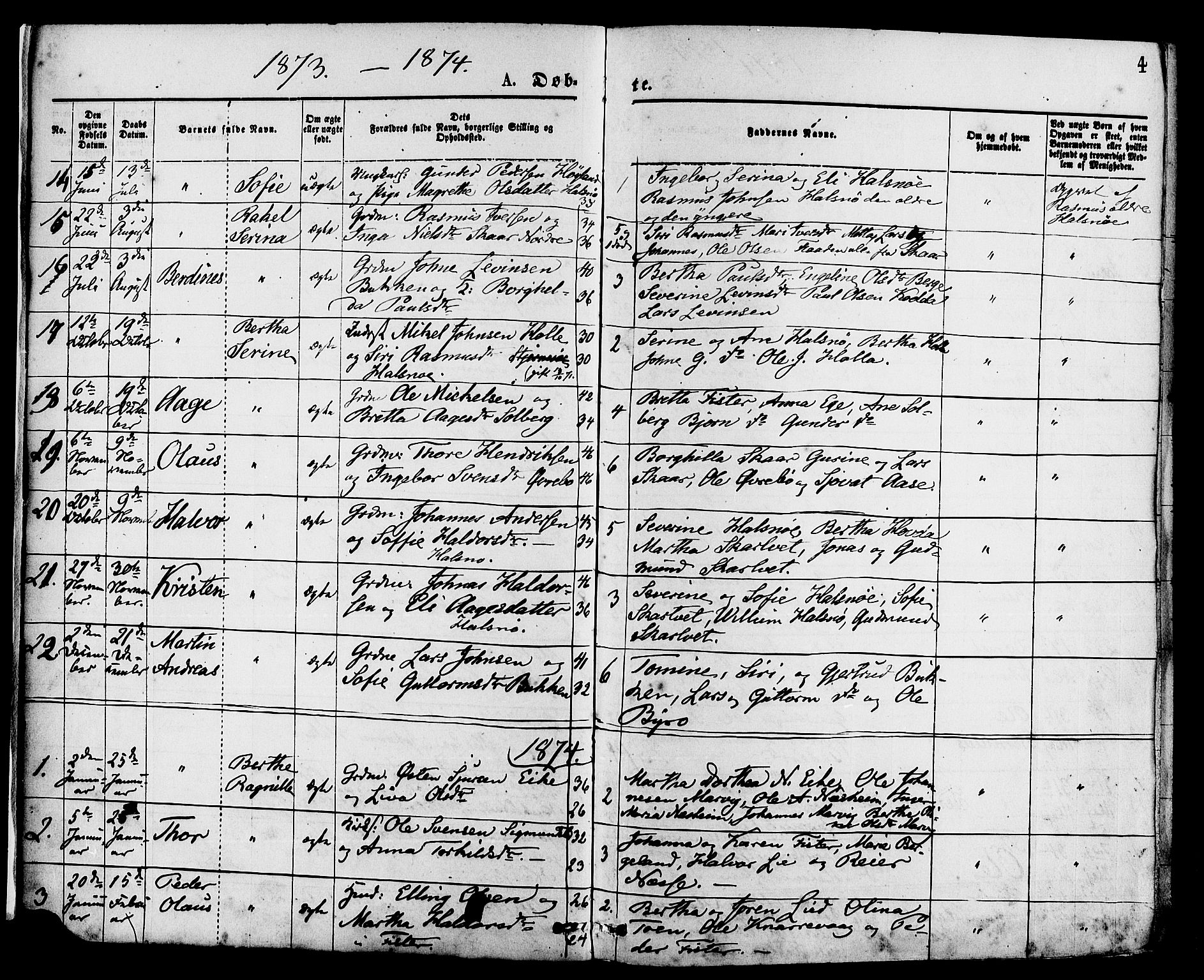 Hjelmeland sokneprestkontor, SAST/A-101843/01/IV/L0013: Parish register (official) no. A 13, 1872-1886, p. 4