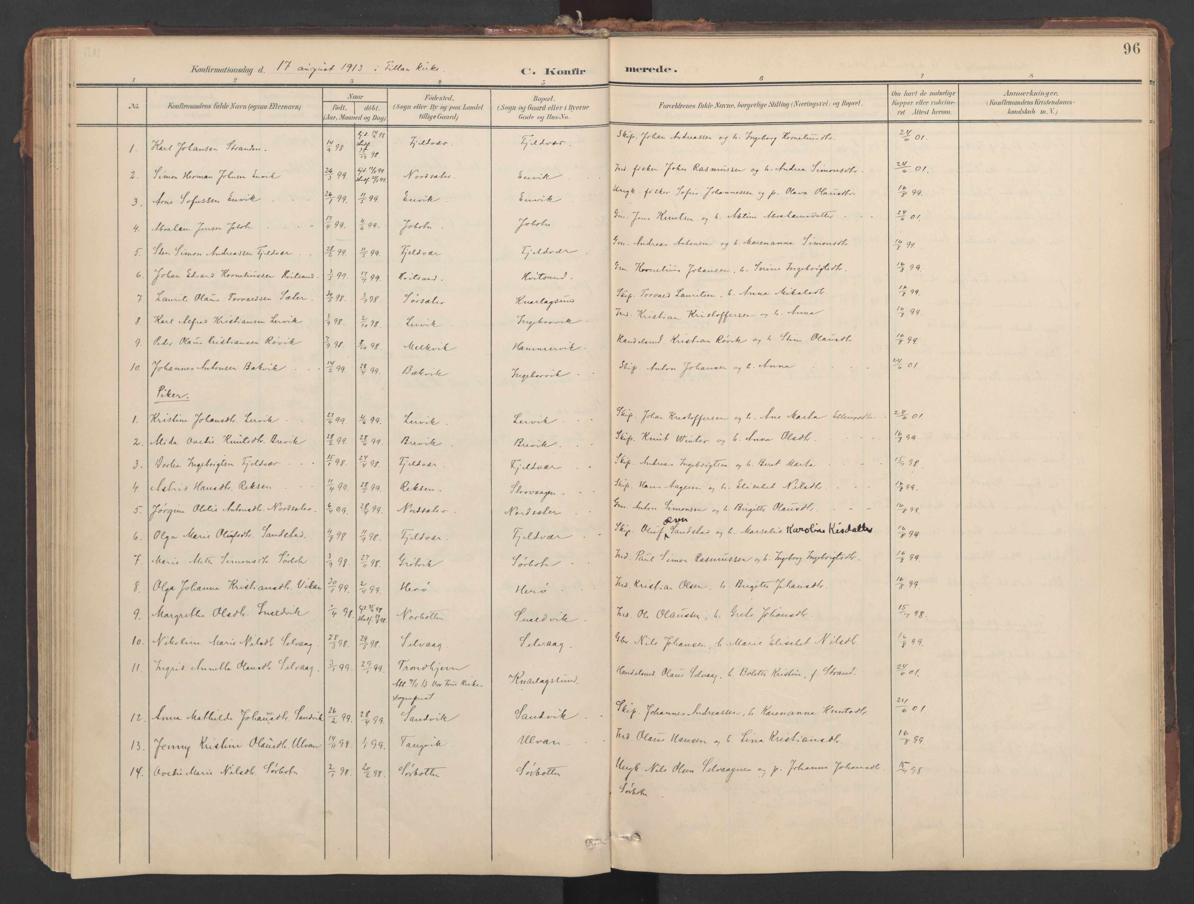 Ministerialprotokoller, klokkerbøker og fødselsregistre - Sør-Trøndelag, SAT/A-1456/638/L0568: Parish register (official) no. 638A01, 1901-1916, p. 96