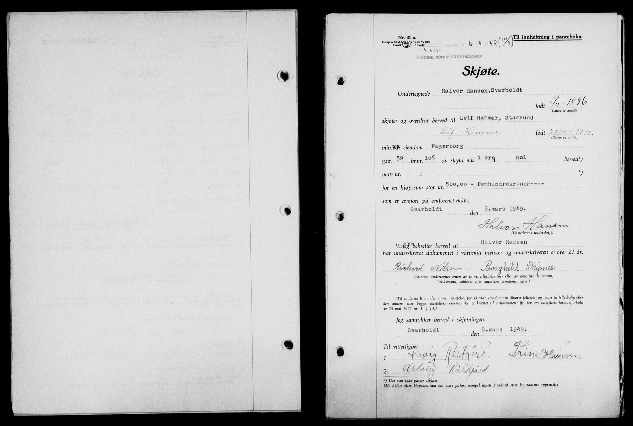 Lofoten sorenskriveri, SAT/A-0017/1/2/2C/L0020a: Mortgage book no. 20a, 1948-1949, Diary no: : 614/1949