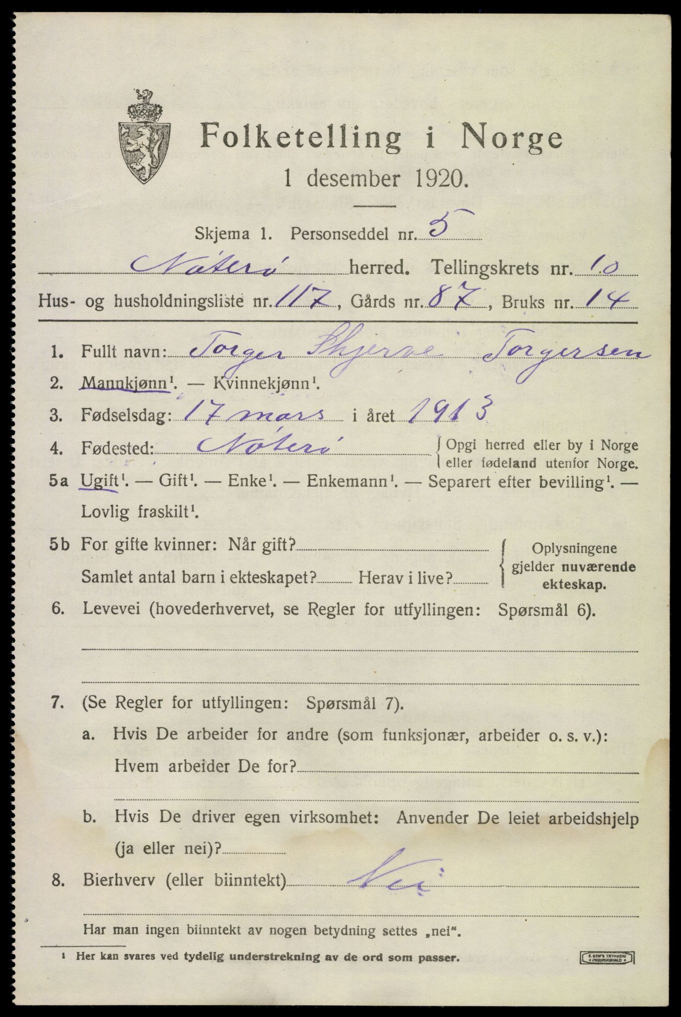 SAKO, 1920 census for Nøtterøy, 1920, p. 13565