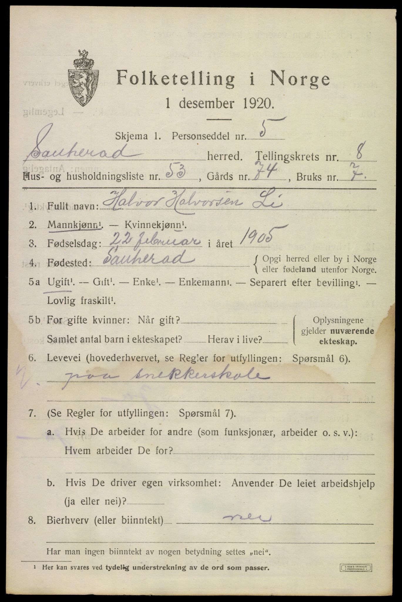 SAKO, 1920 census for Sauherad, 1920, p. 6815