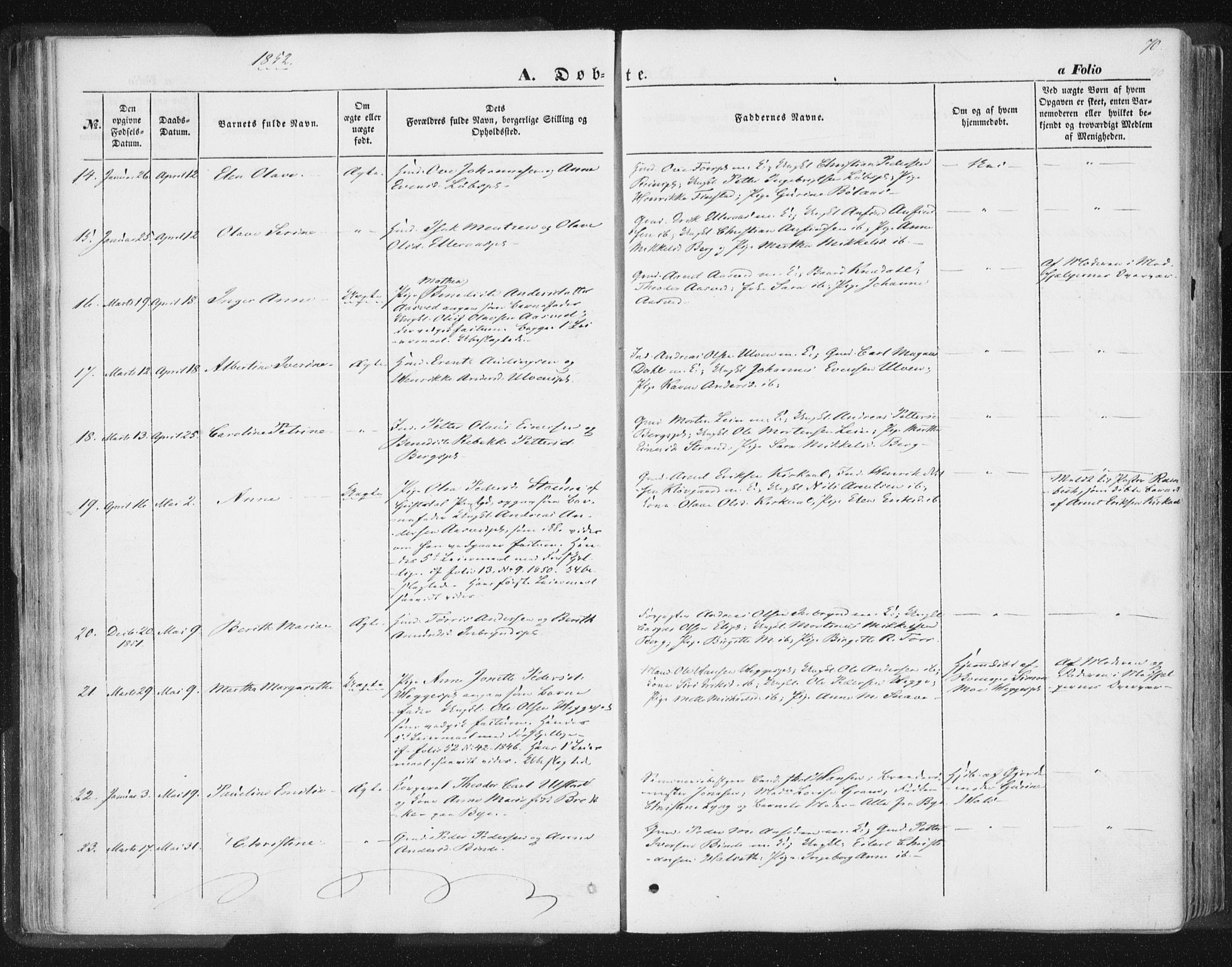 Ministerialprotokoller, klokkerbøker og fødselsregistre - Nord-Trøndelag, AV/SAT-A-1458/746/L0446: Parish register (official) no. 746A05, 1846-1859, p. 70