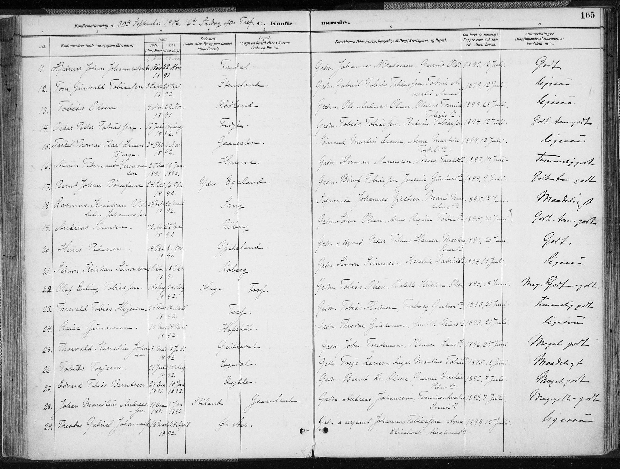 Sør-Audnedal sokneprestkontor, AV/SAK-1111-0039/F/Fa/Fab/L0010: Parish register (official) no. A 10, 1892-1913, p. 165