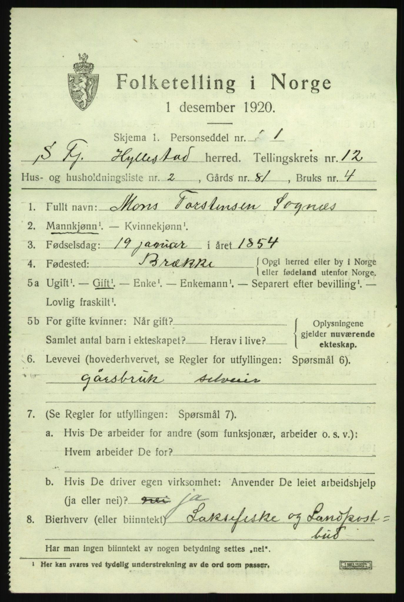 SAB, 1920 census for Hyllestad, 1920, p. 4482