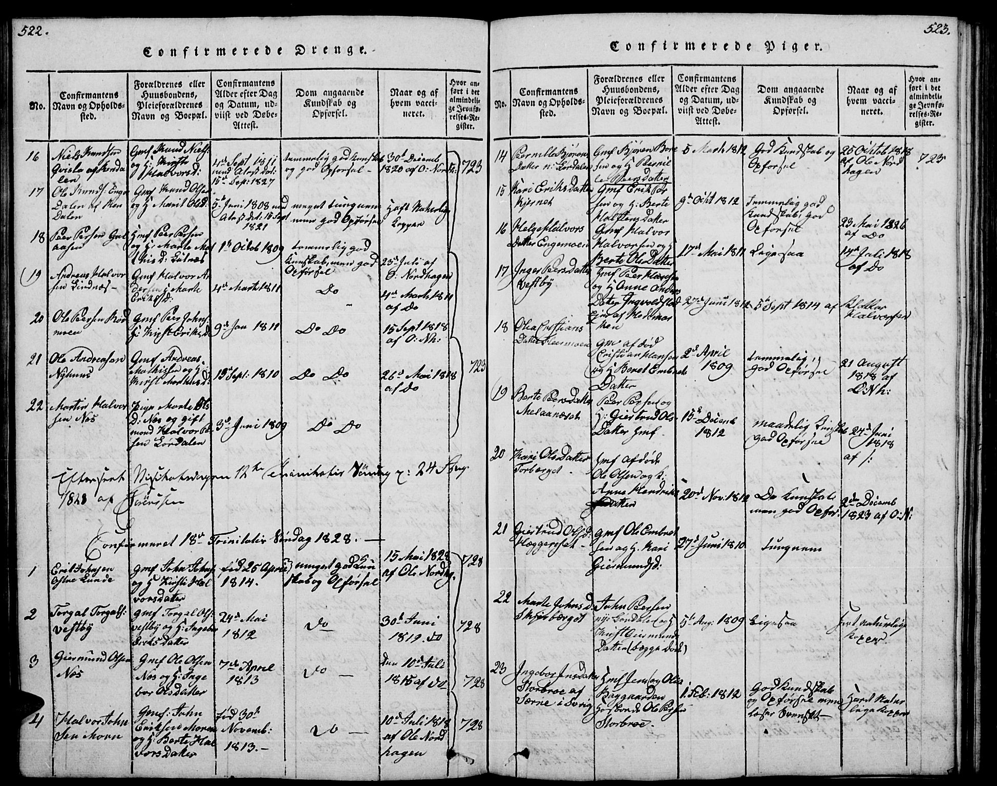 Trysil prestekontor, SAH/PREST-046/H/Ha/Hab/L0004: Parish register (copy) no. 4, 1814-1841, p. 522-523