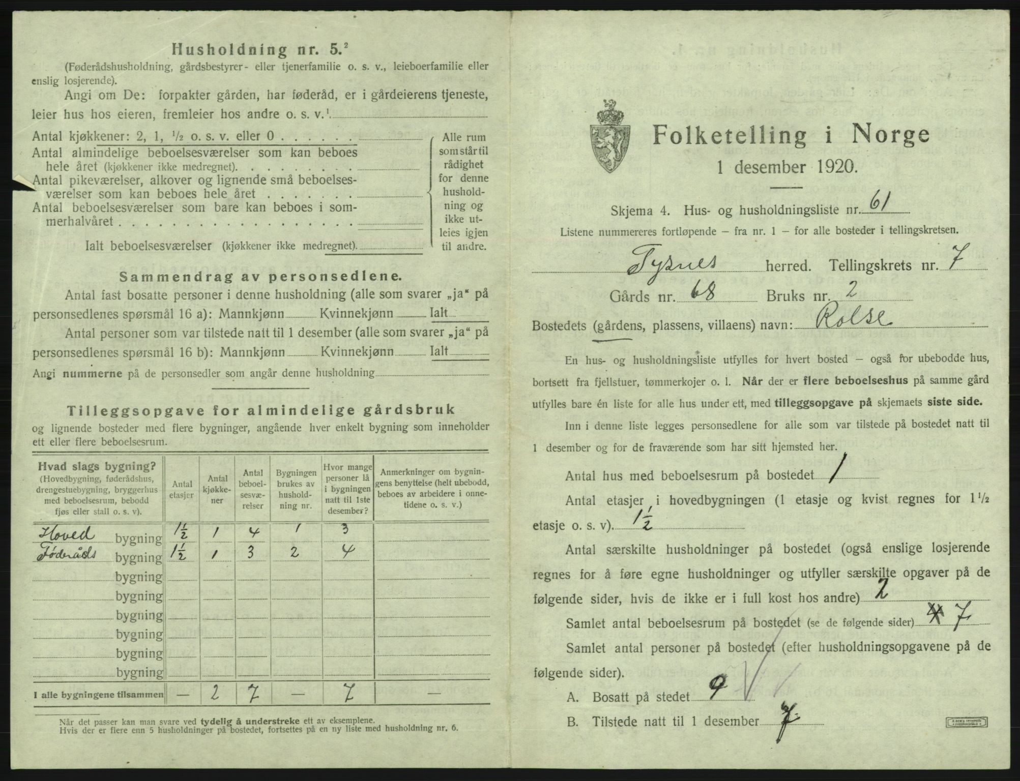 SAB, 1920 census for Tysnes, 1920, p. 668