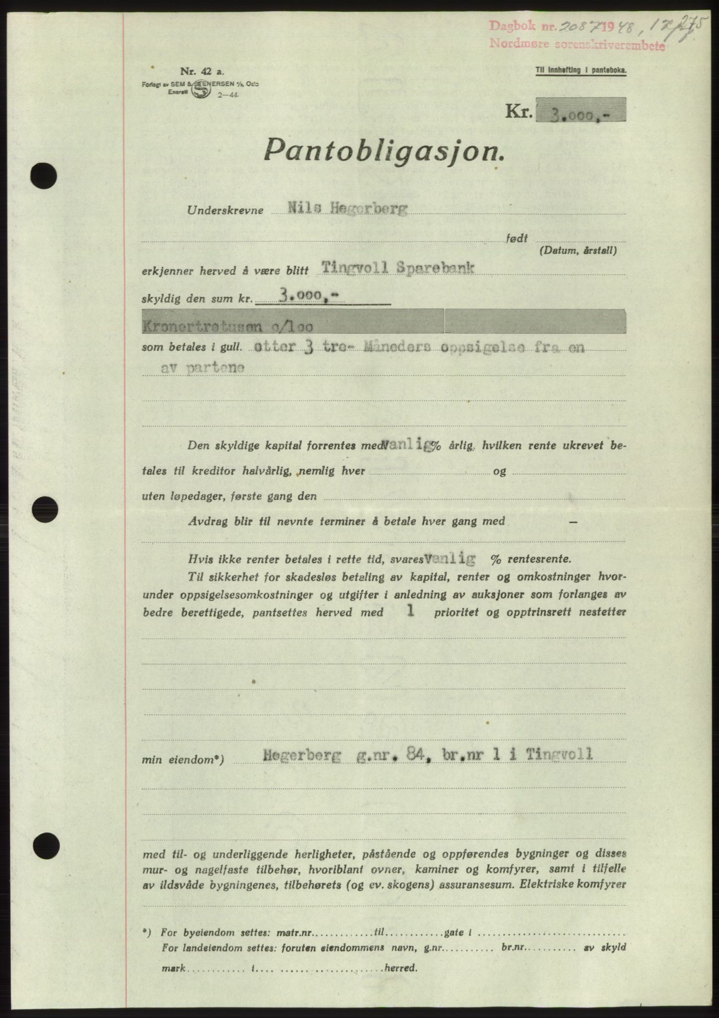 Nordmøre sorenskriveri, AV/SAT-A-4132/1/2/2Ca: Mortgage book no. B99, 1948-1948, Diary no: : 2087/1948