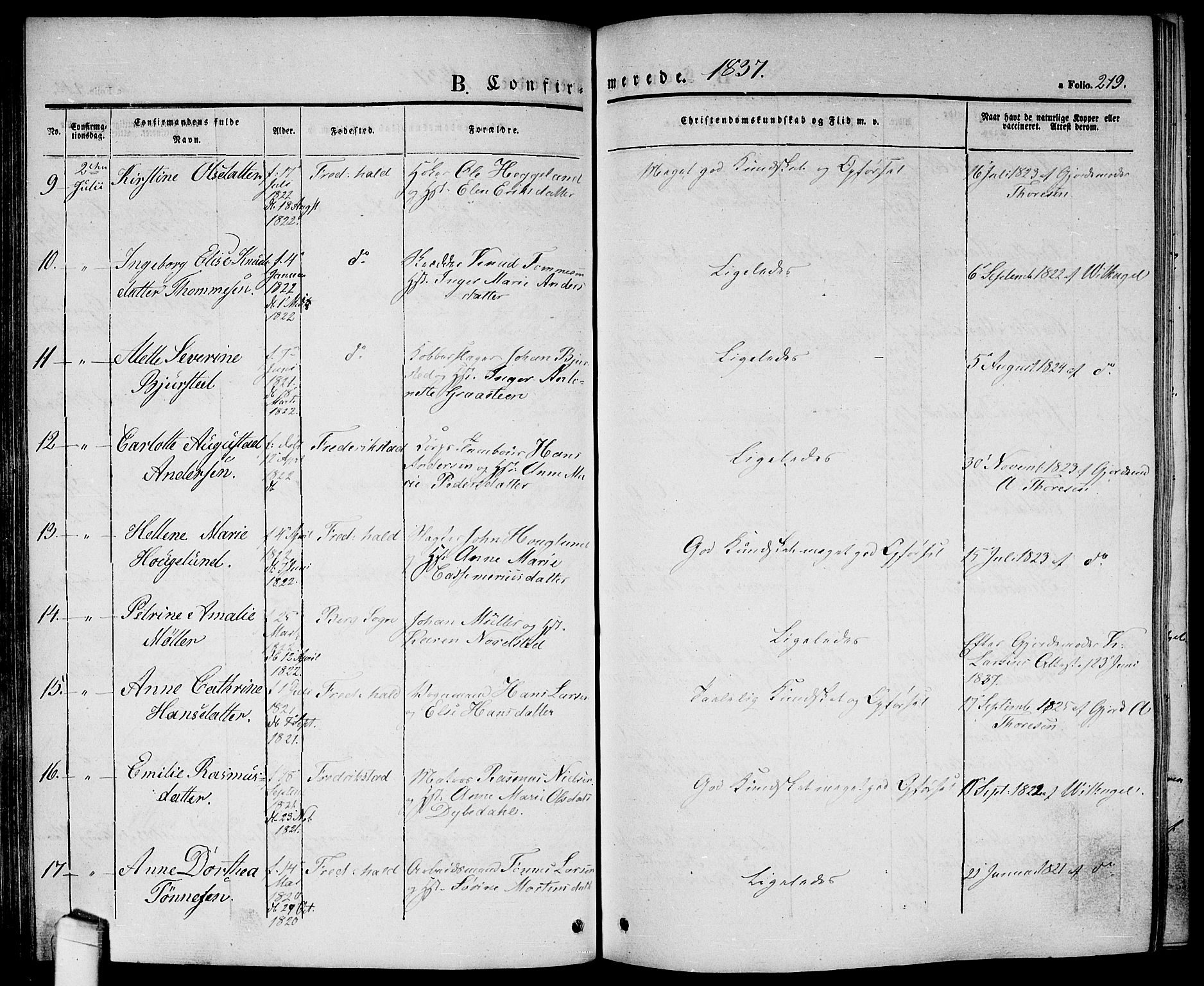 Halden prestekontor Kirkebøker, SAO/A-10909/G/Ga/L0003: Parish register (copy) no. 3, 1834-1844, p. 219