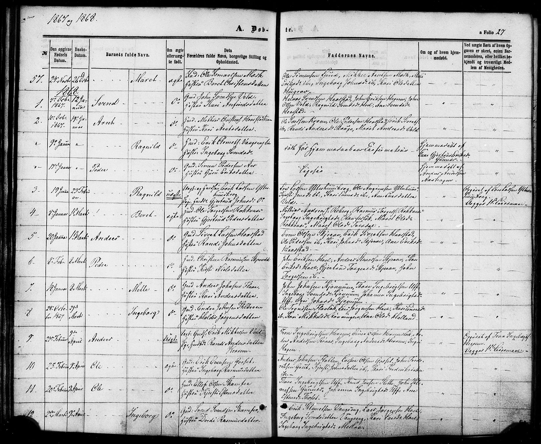 Ministerialprotokoller, klokkerbøker og fødselsregistre - Sør-Trøndelag, SAT/A-1456/674/L0870: Parish register (official) no. 674A02, 1861-1879, p. 27