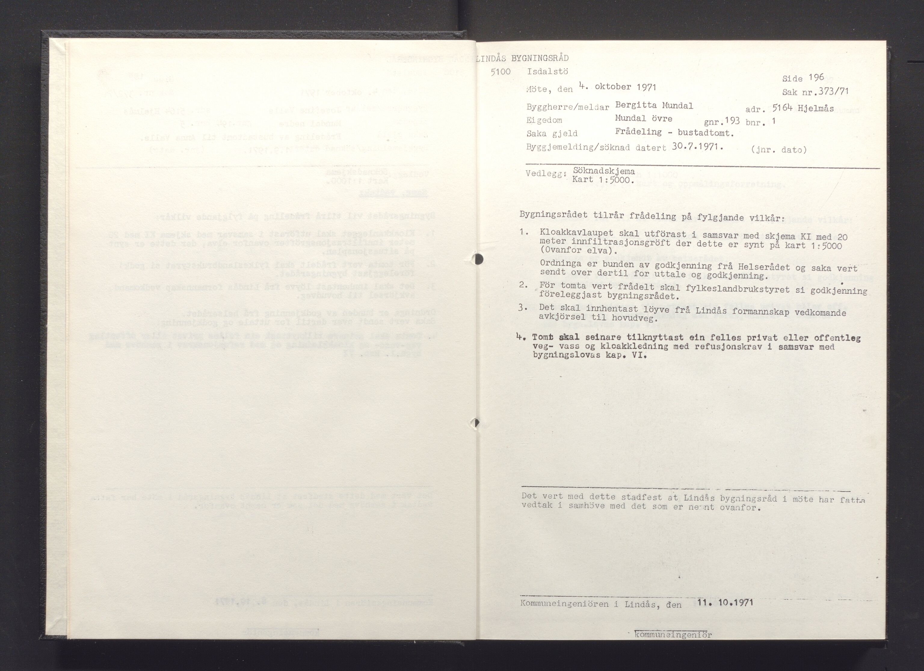 Lindås kommune. Bygningsrådet, IKAH/1263-511/A/Aa/L0008: Møtebok for Lindås bygningsråd, 1971