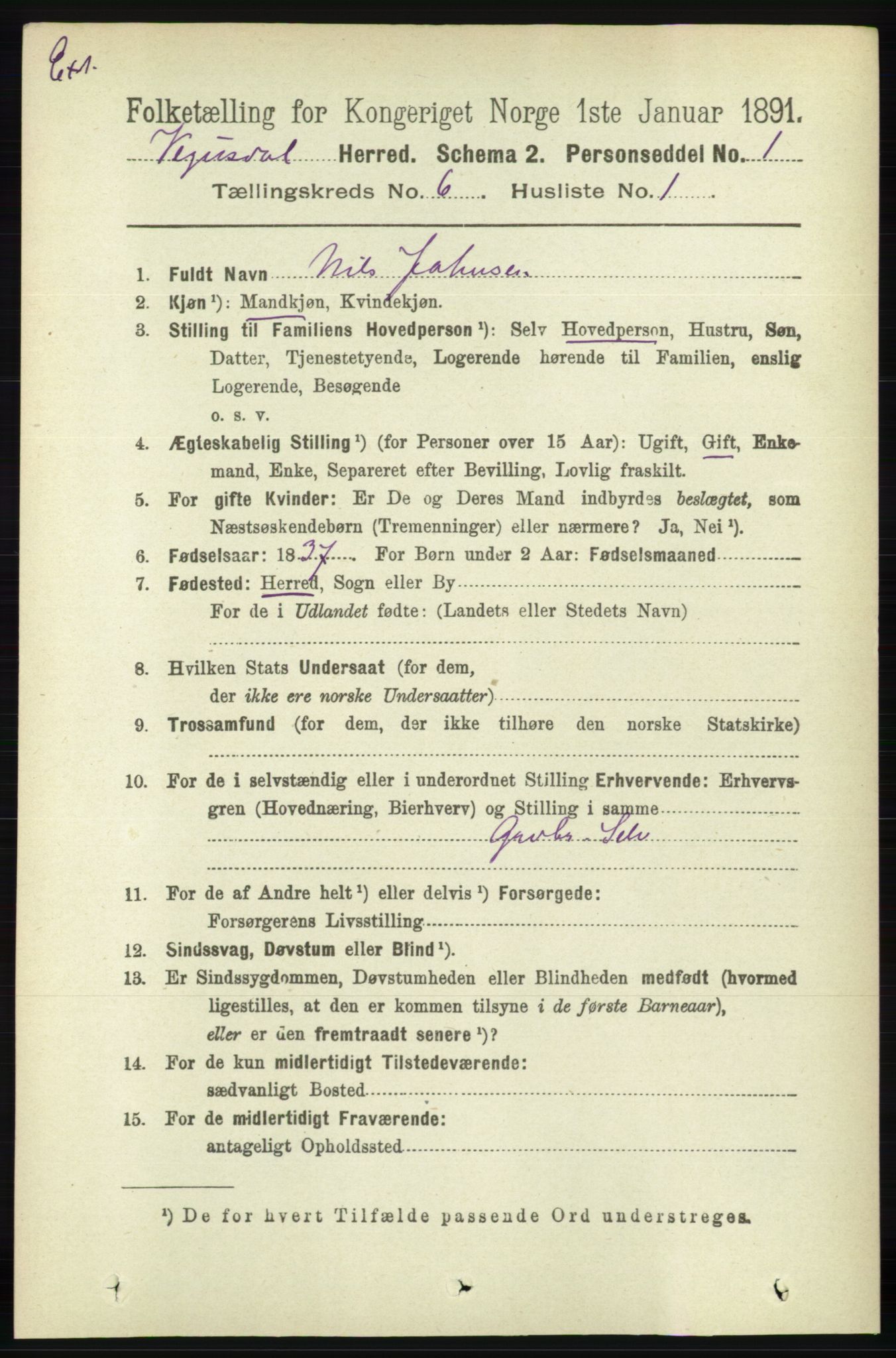 RA, Census 1891 for Nedenes amt: Gjenparter av personsedler for beslektede ektefeller, menn, 1891, p. 927