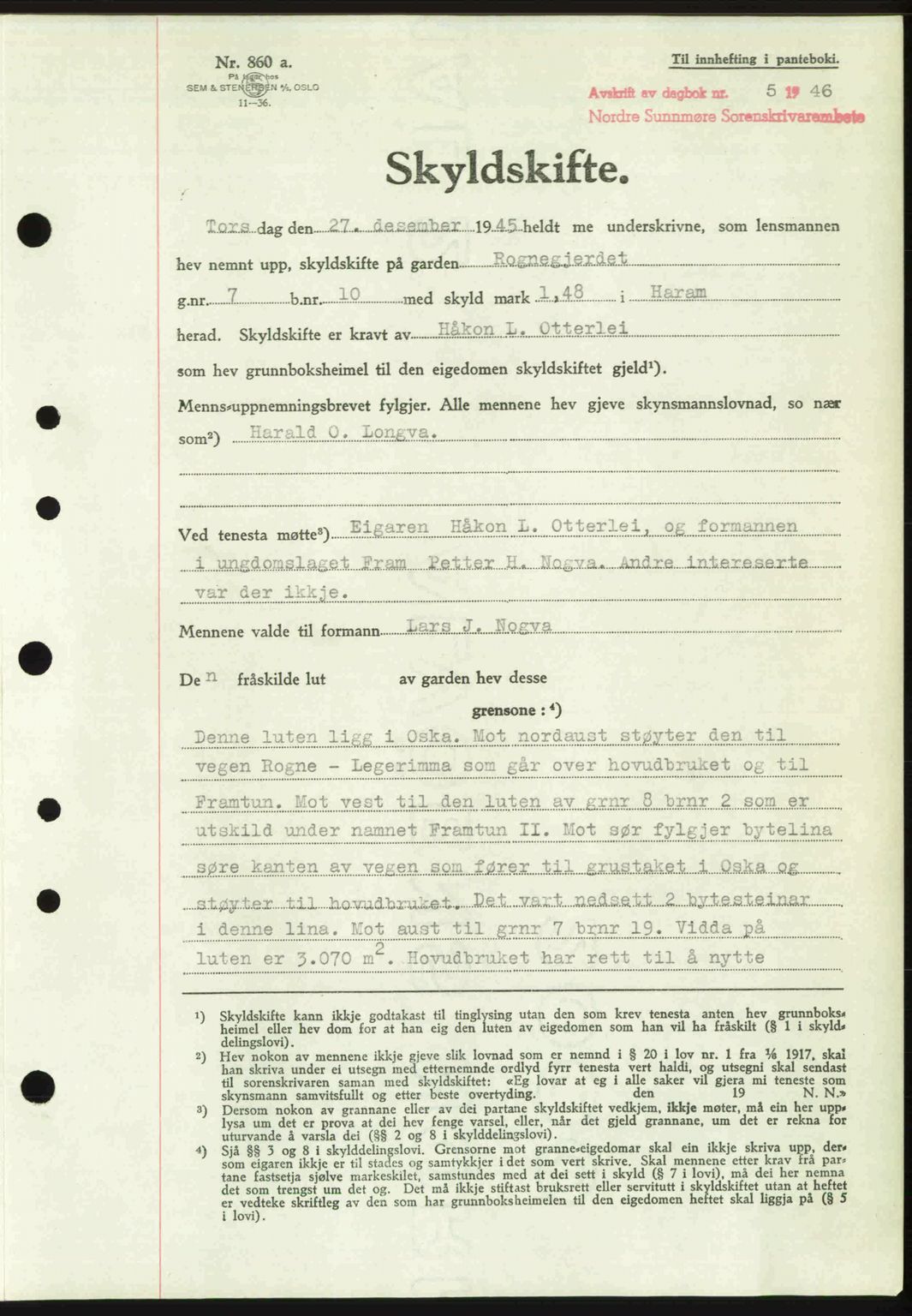 Nordre Sunnmøre sorenskriveri, AV/SAT-A-0006/1/2/2C/2Ca: Mortgage book no. A20b, 1946-1946, Diary no: : 5/1946