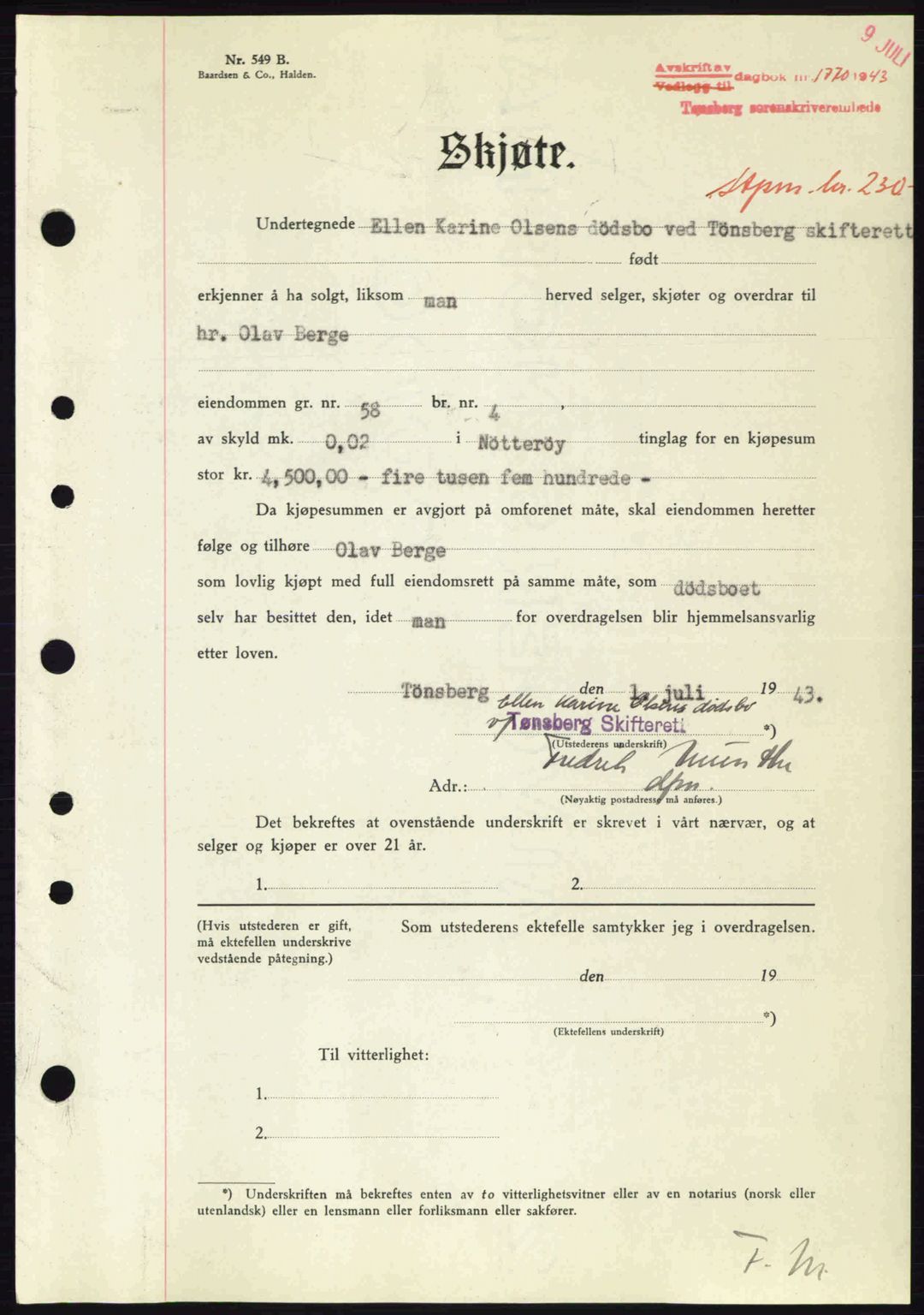 Tønsberg sorenskriveri, AV/SAKO-A-130/G/Ga/Gaa/L0013: Mortgage book no. A13, 1943-1943, Diary no: : 1770/1943