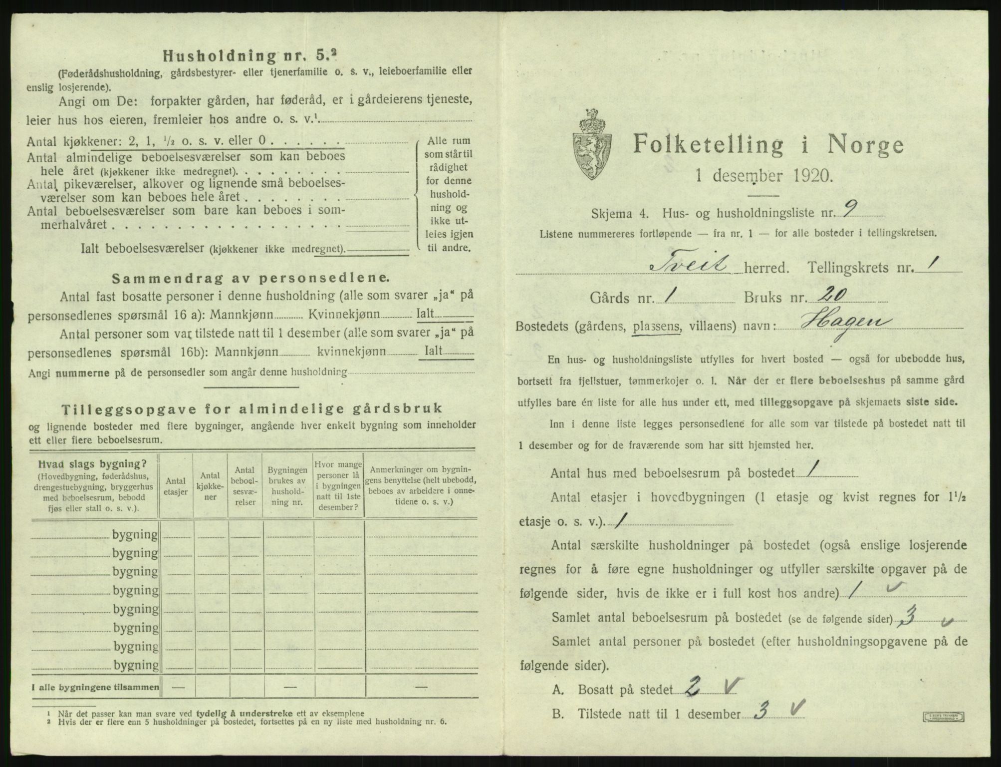 SAK, 1920 census for Tveit, 1920, p. 60
