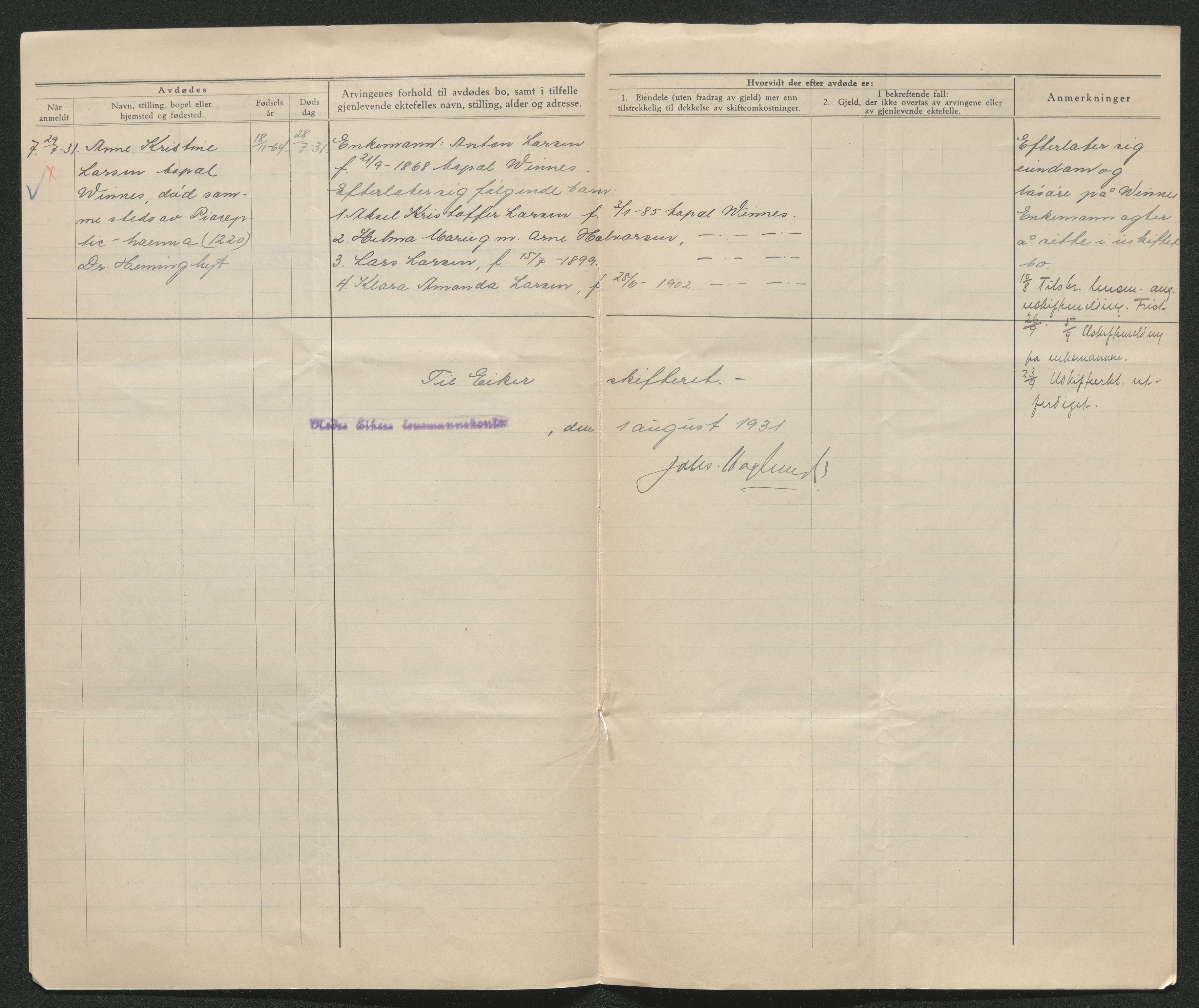 Eiker, Modum og Sigdal sorenskriveri, AV/SAKO-A-123/H/Ha/Hab/L0046: Dødsfallsmeldinger, 1930-1931, p. 1002