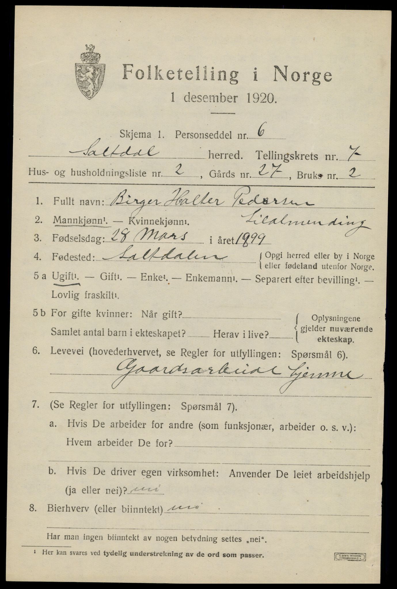 SAT, 1920 census for Saltdal, 1920, p. 7823