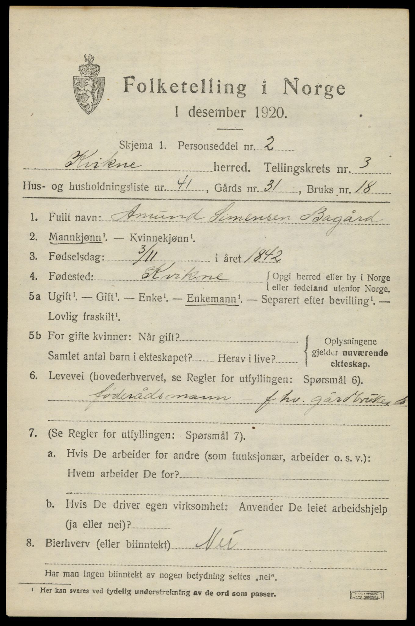 SAH, 1920 census for Kvikne, 1920, p. 1588