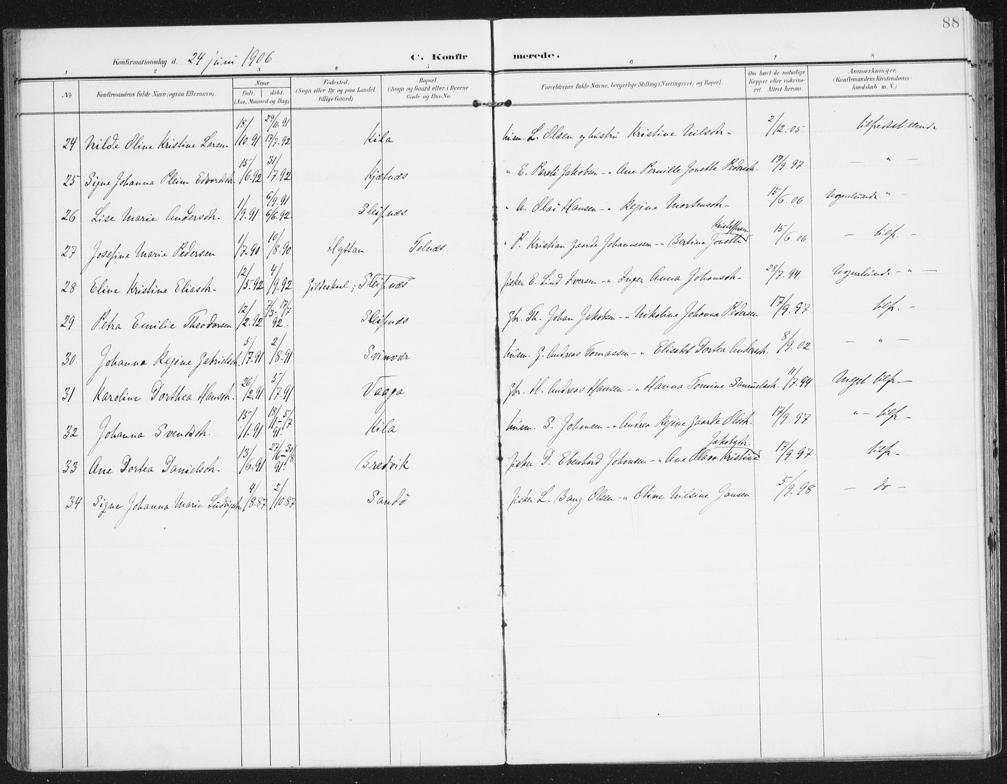 Ministerialprotokoller, klokkerbøker og fødselsregistre - Nordland, AV/SAT-A-1459/841/L0612: Parish register (official) no. 841A15, 1902-1910, p. 88