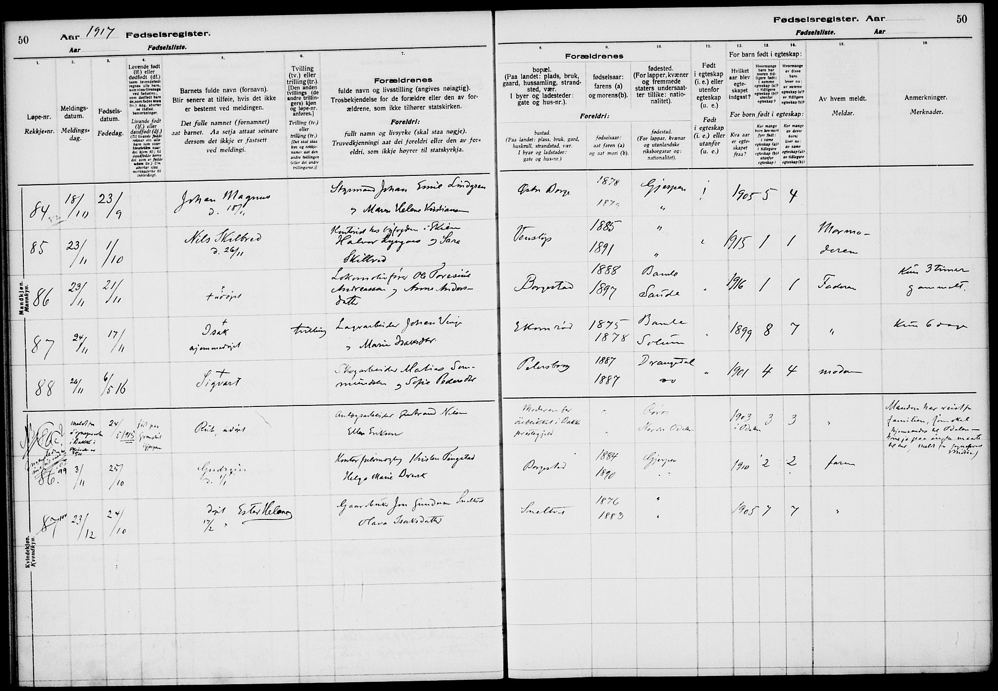 Gjerpen kirkebøker, AV/SAKO-A-265/J/Ja/L0001: Birth register no. I 1, 1916-1926, p. 50