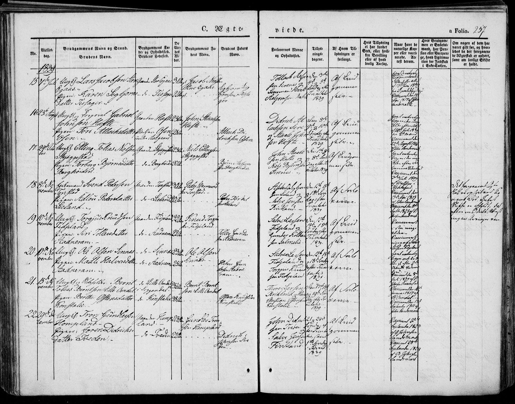 Bakke sokneprestkontor, SAK/1111-0002/F/Fa/Faa/L0004: Parish register (official) no. A 4, 1834-1846, p. 257
