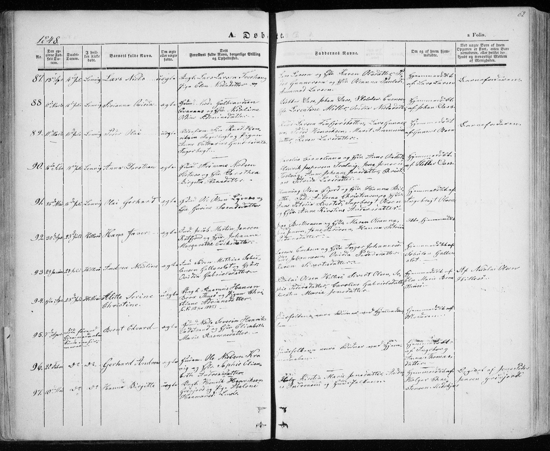 Lenvik sokneprestembete, SATØ/S-1310/H/Ha/Haa/L0006kirke: Parish register (official) no. 6, 1845-1854, p. 62