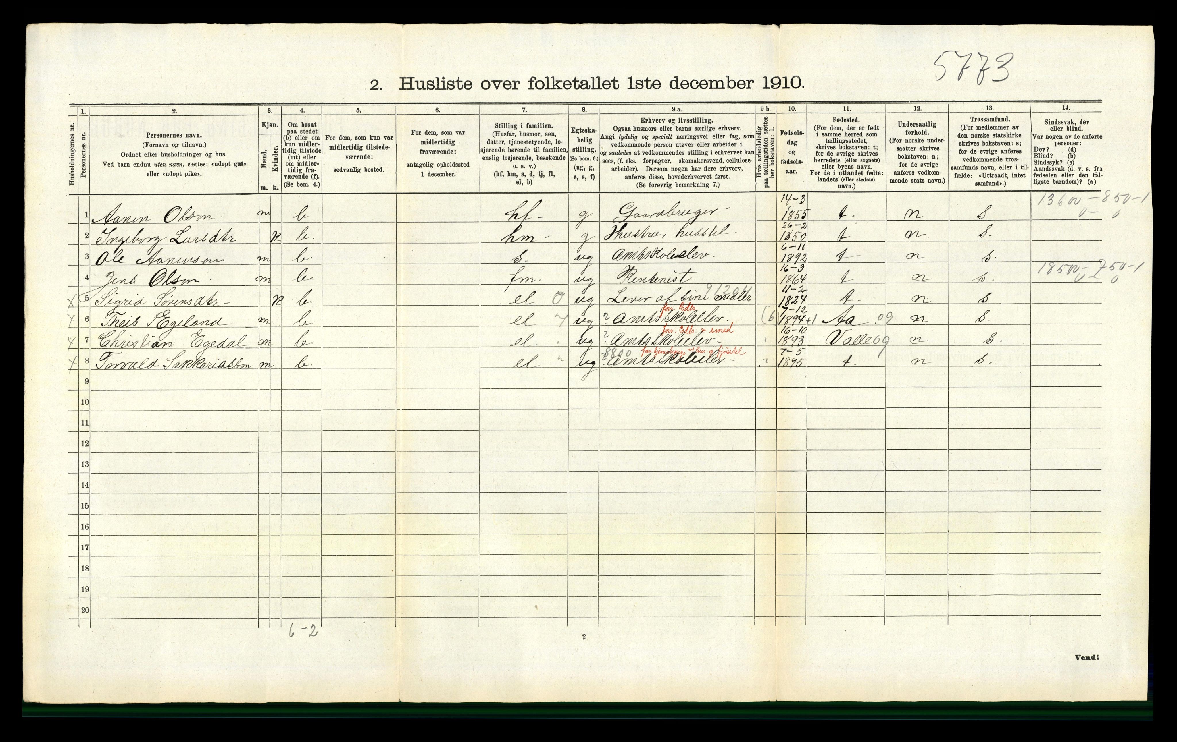 RA, 1910 census for Bjelland, 1910, p. 161