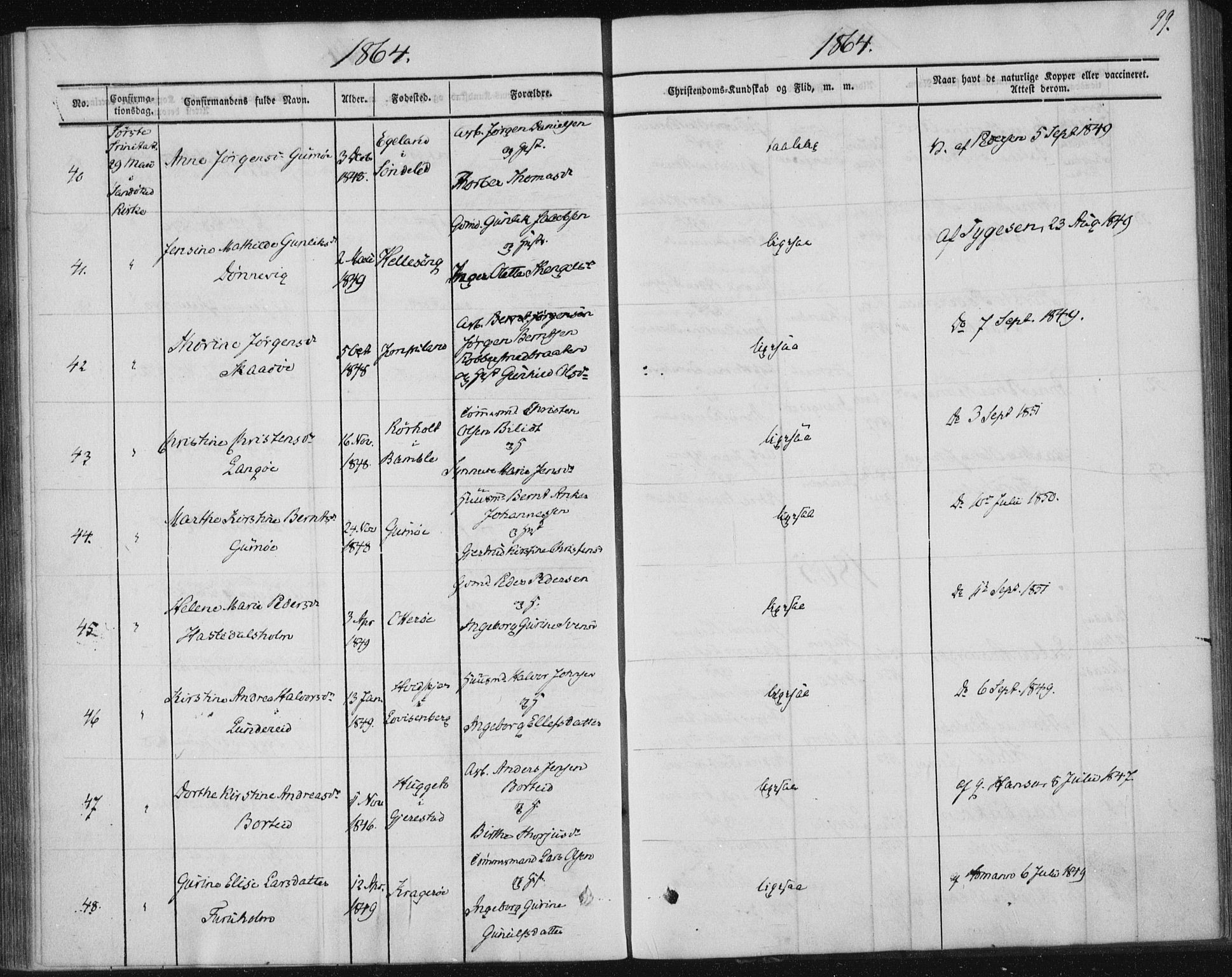 Sannidal kirkebøker, AV/SAKO-A-296/F/Fa/L0009: Parish register (official) no. 9, 1855-1873, p. 99