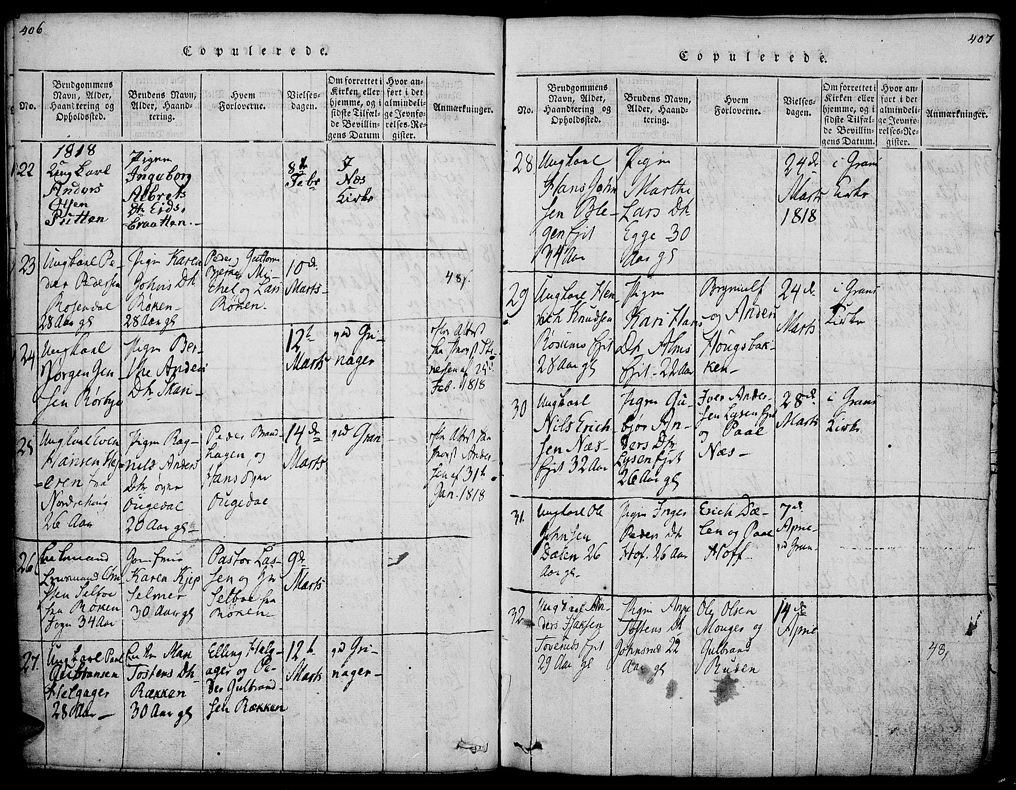 Gran prestekontor, AV/SAH-PREST-112/H/Ha/Haa/L0009: Parish register (official) no. 9, 1815-1824, p. 406-407