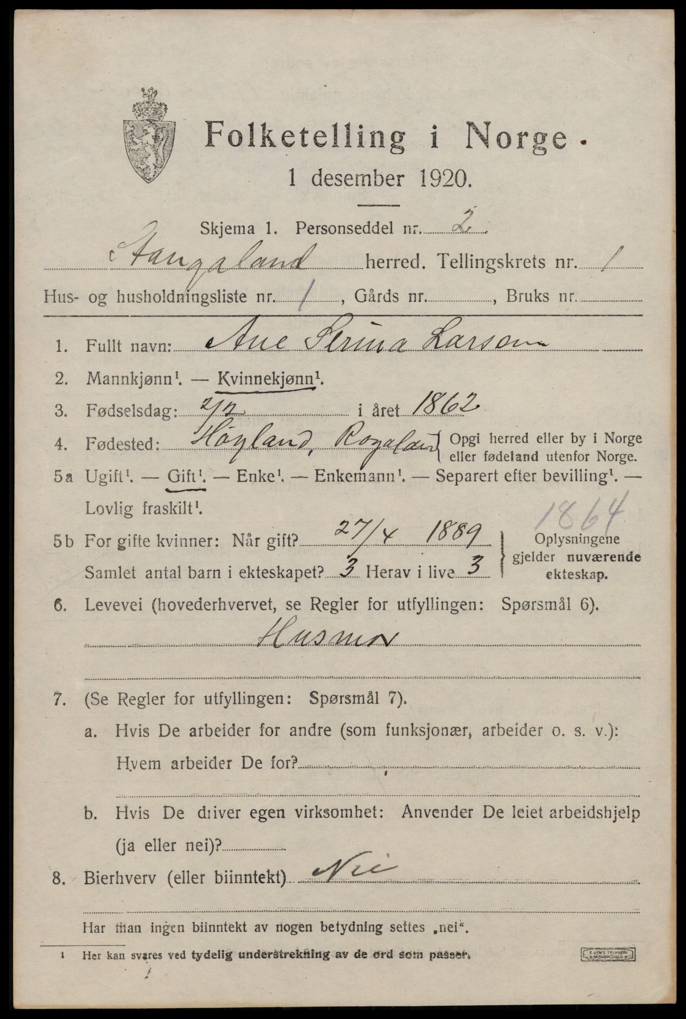 SAST, 1920 census for Stangaland, 1920, p. 585