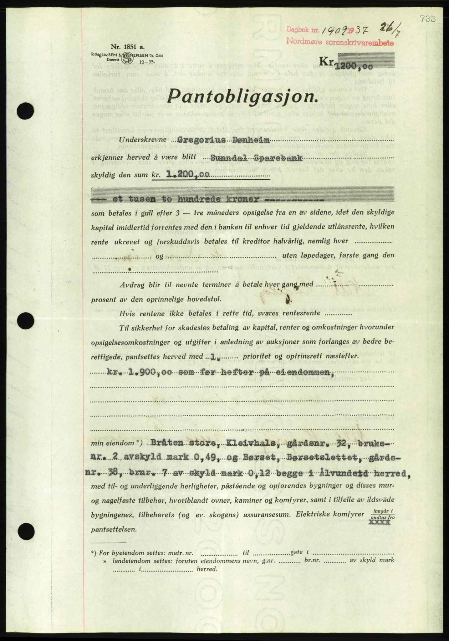 Nordmøre sorenskriveri, AV/SAT-A-4132/1/2/2Ca/L0091: Mortgage book no. B81, 1937-1937, Diary no: : 1909/1937