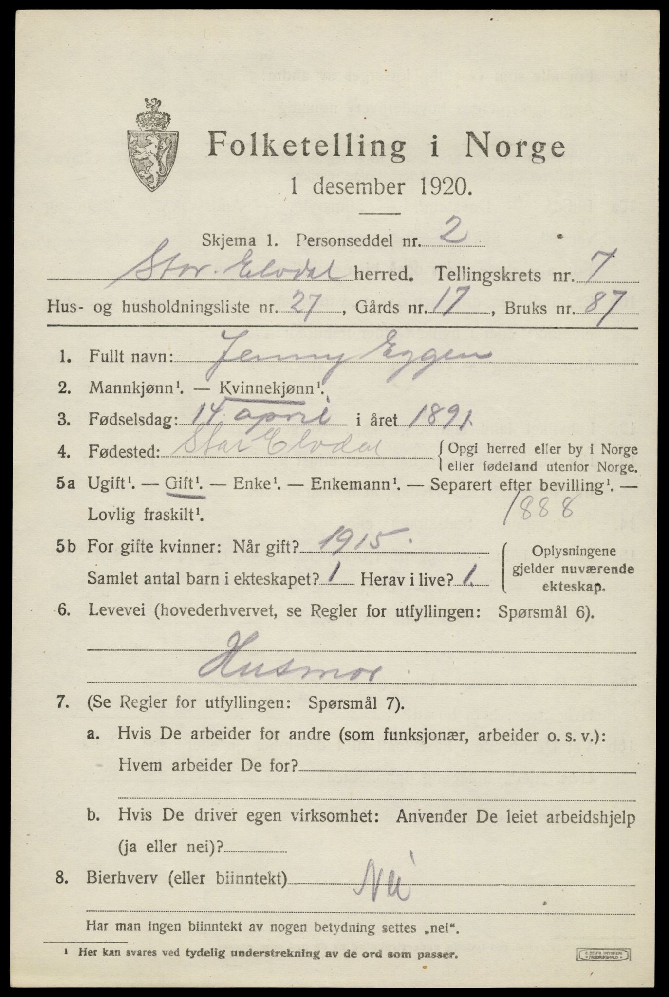 SAH, 1920 census for Stor-Elvdal, 1920, p. 6144