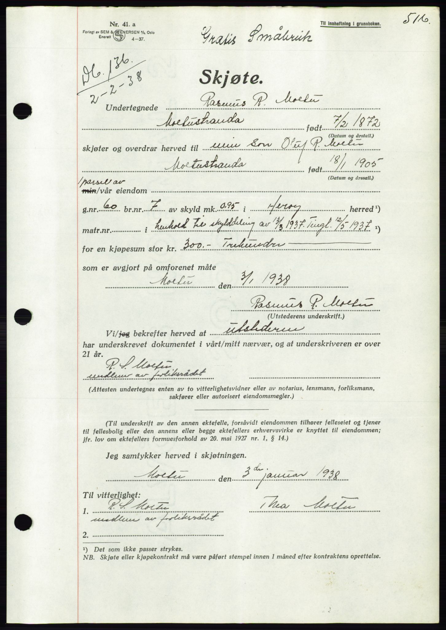 Søre Sunnmøre sorenskriveri, AV/SAT-A-4122/1/2/2C/L0064: Mortgage book no. 58, 1937-1938, Diary no: : 136/1938